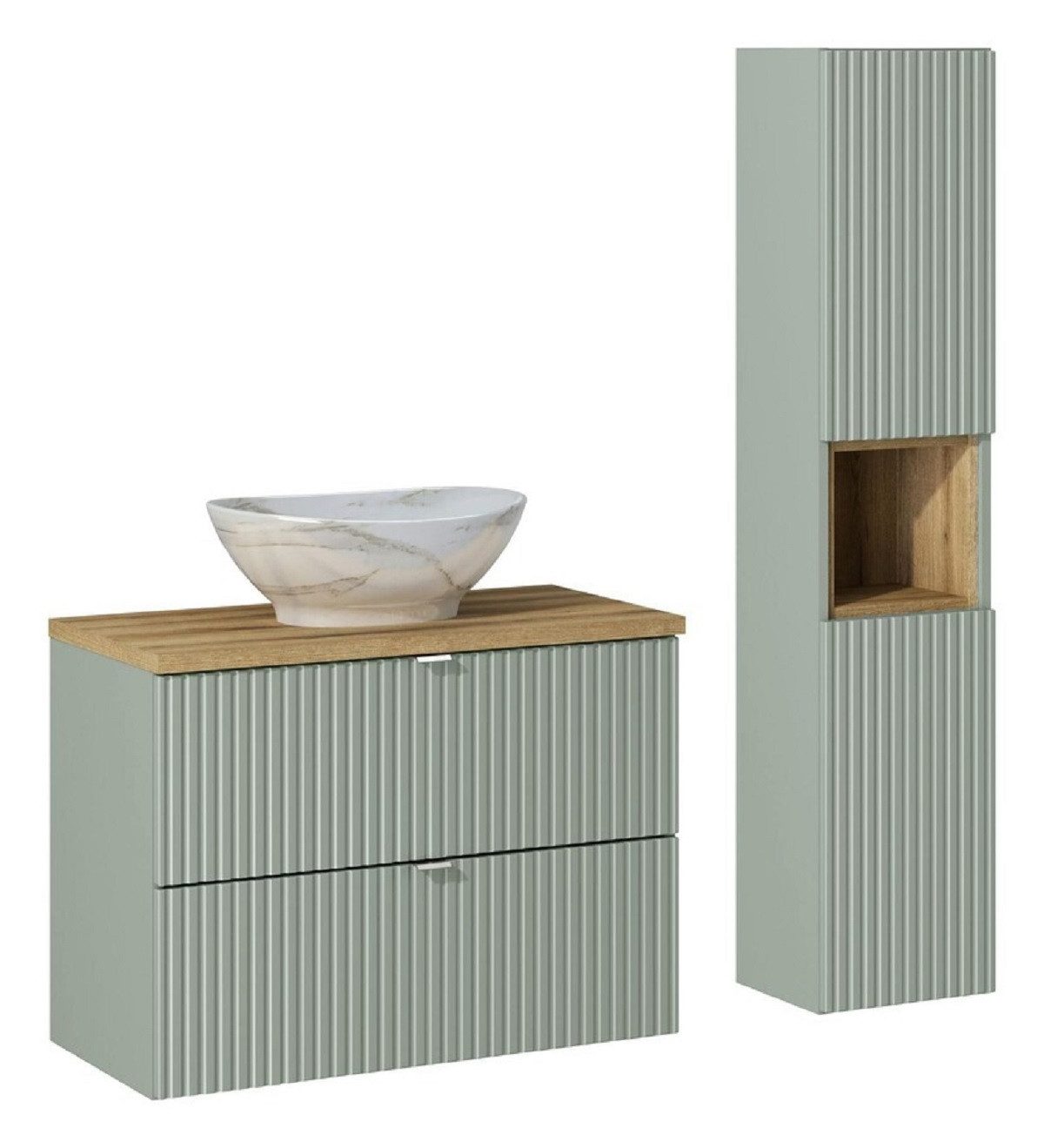 ROYAL24_MARKT Badmöbel-Set - Line Reed Green L BM74 - Waschbeckenunterschrank & Hochschrank, (Komplett Set, 5-St., Premium - Line Reed Green L), Top – Fein – Präzise.