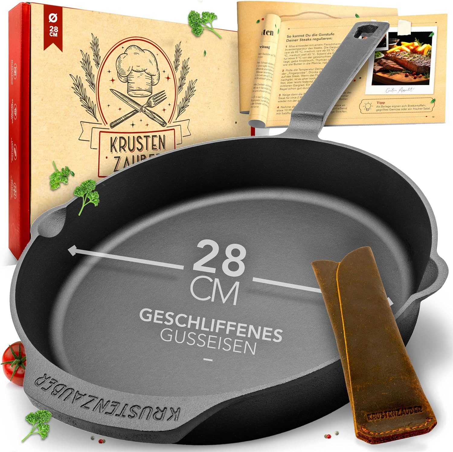 Krustenzauber Bratpfanne Gusseisenpfanne Induktion - Fein Geschliffene Gusseisen Pfanne, (Ideale Grillpfanne Induktion, Eisenpfanne, Cast Iron Pan, Bratpfanne, Gusseiserne Pfanne Skillet Gusspfann)