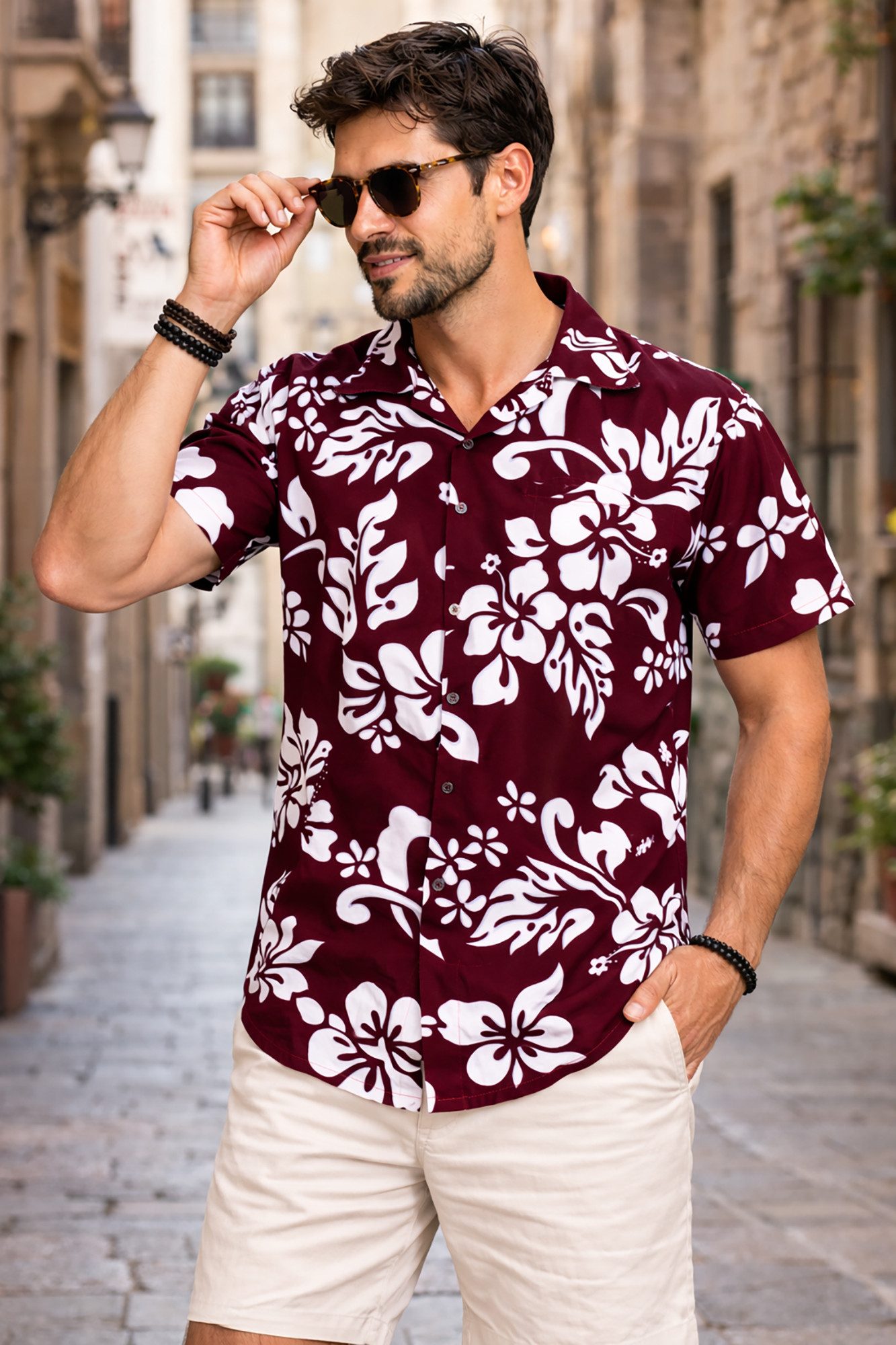 King Kameha Hawaiihemd "Hibiscus" Funky Hawaii-Hemd Herren Kurzarm Front-Tasche Stylish