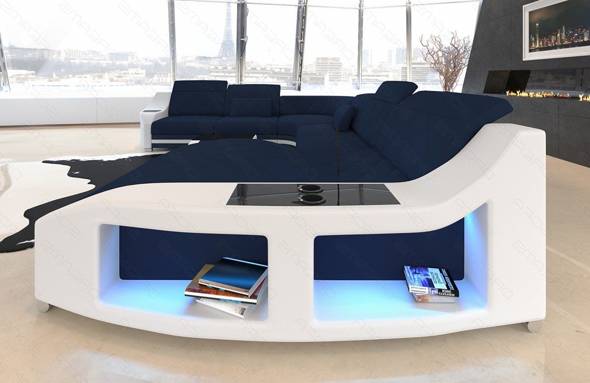 Bettfunktion Polsterstoff Swing Dreams Mikrofaser Sofa Designersofa Stoffsofa, wahlweise XXL mit dunkelblau-weiß M Couch Wohnlandschaft Sofa