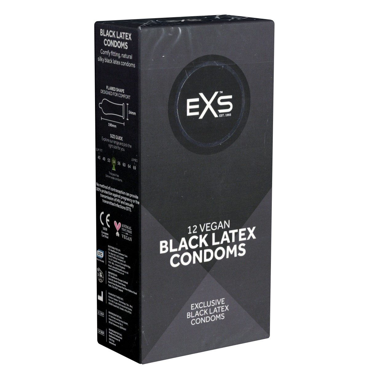 EXS Презервативы Black Latex - Comfy Fit, schwarze Презервативы Packung mit, 12 St., tiefschwarze Презервативы, anatomische Form für mehr Komfort, schwarzes Latex