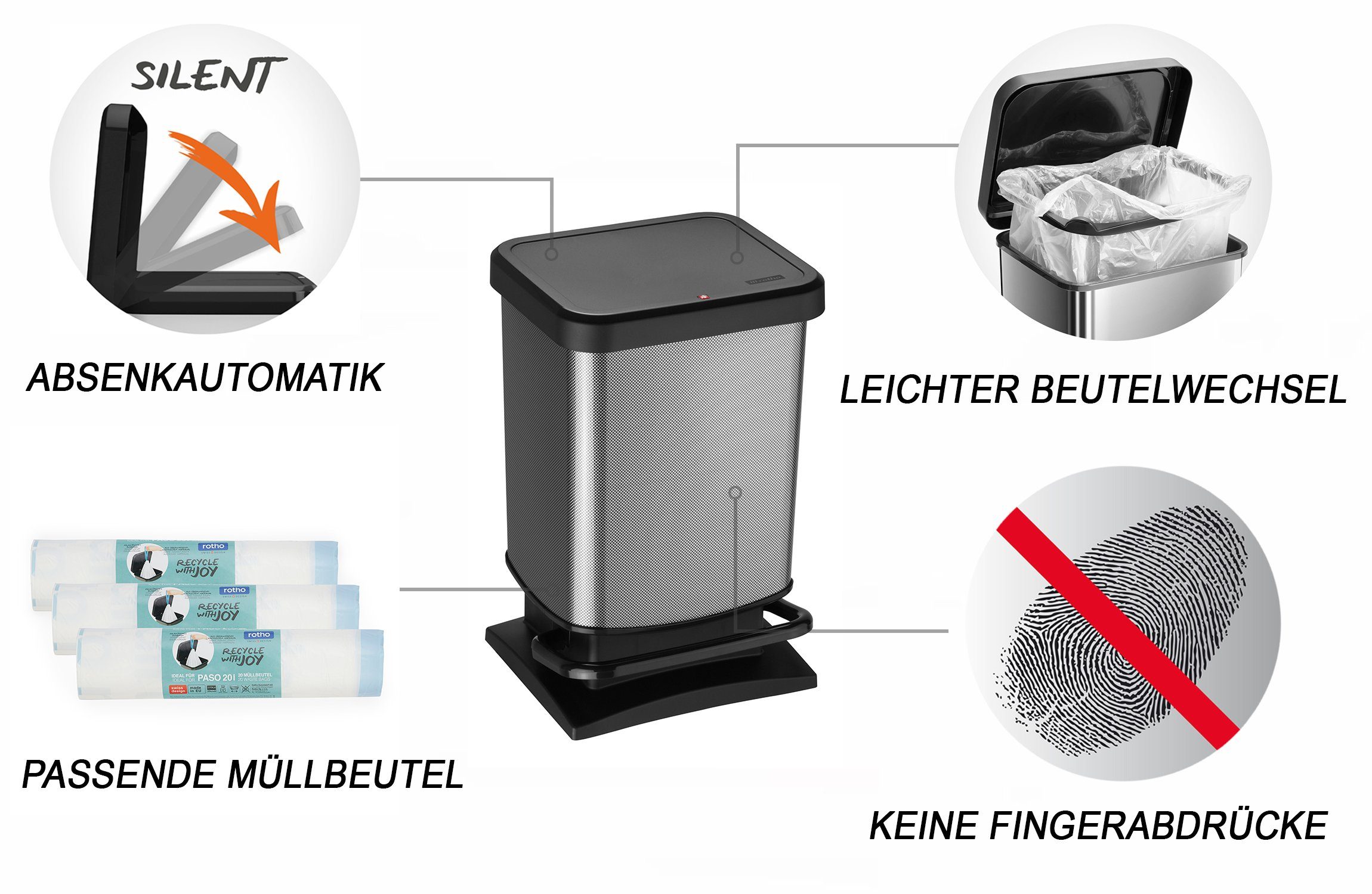 Kunststoff (PP) Paso Mülleimer mit in der Mülleimer ROTHO Schweiz Deckel, Carbon metallic 20l BPA-frei, hergestellt