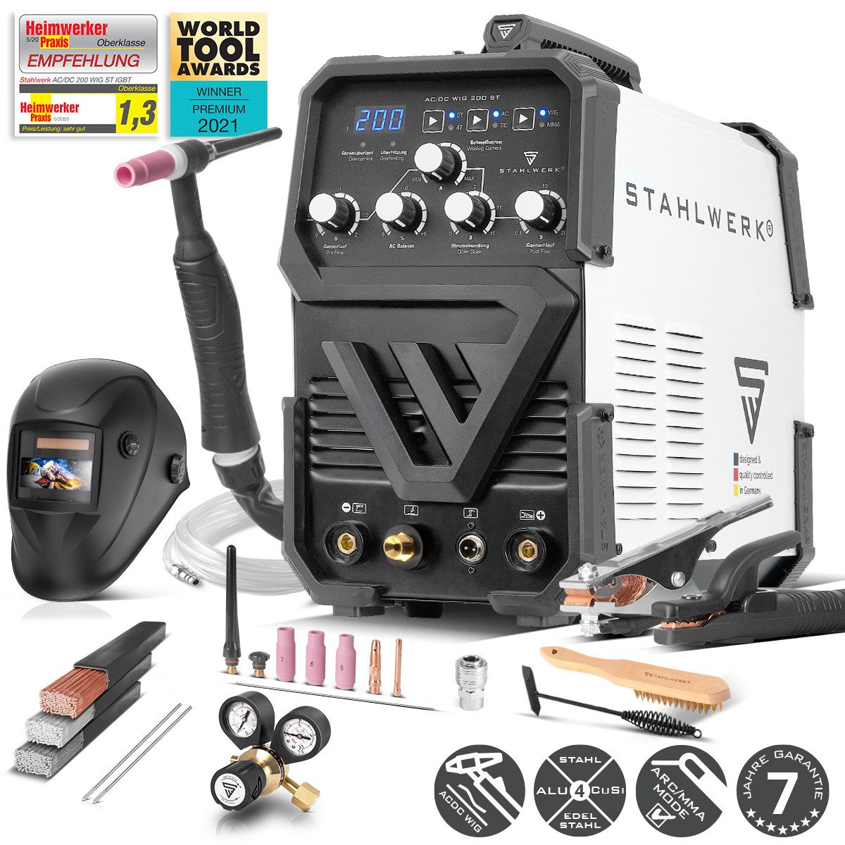 STAHLWERK Inverterschweißgerät AC/DC WIG 200 ST IGBT mit ARC MMA Vollausstattung, 30 - 200 A, Packung}, 13-tlg., Vollausstattung, Kombi-Schweißgerät mit 200 Ampere für WIG & ARC MMA