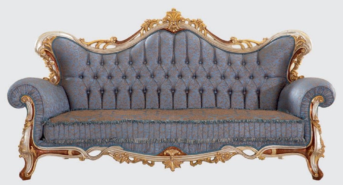Casa Padrino Sofa Luxus Barock Sofa Blau / Kupfer / Silber / Braun / Gold 255 x 100 x H. 128 cm - Prunkvolles Wohnzimmer Sofa mit elegantem Muster - Möbel im Barockstil