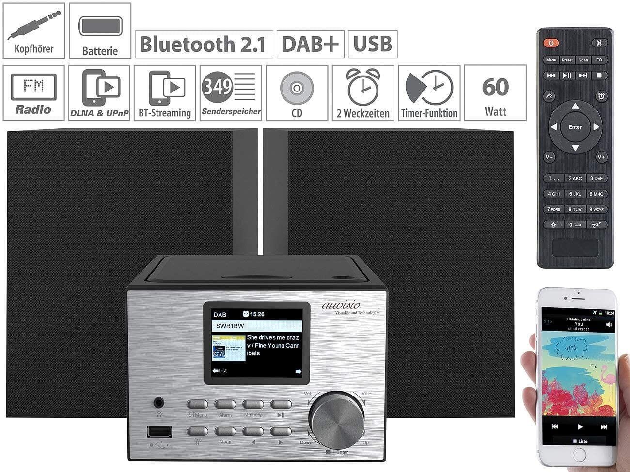 auvisio IRS-500.mini Micro-Stereoanlage mit Webradio, mit 2.1 (Digitalradio 30 Bluetooth (DAB), CD, FM, CD-Player) FM, USB, System FM/DAB+, Stereoanlage DAB+, W