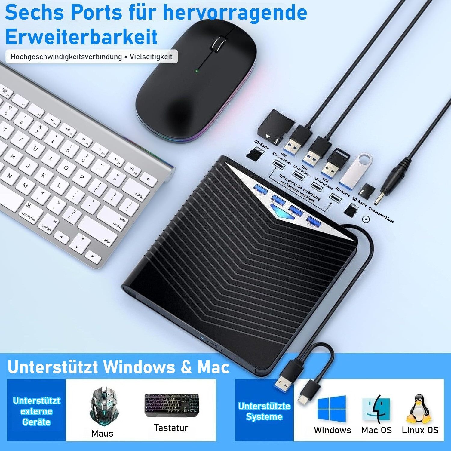 ibettertec Externes CD DVD Laufwerk, USB 3.0 & USB-C, +/-RW ROM Brenner DVD-Brenner (Optical External DVD Drive für Laptop, PC, Desktop, MacBook, iMac)
