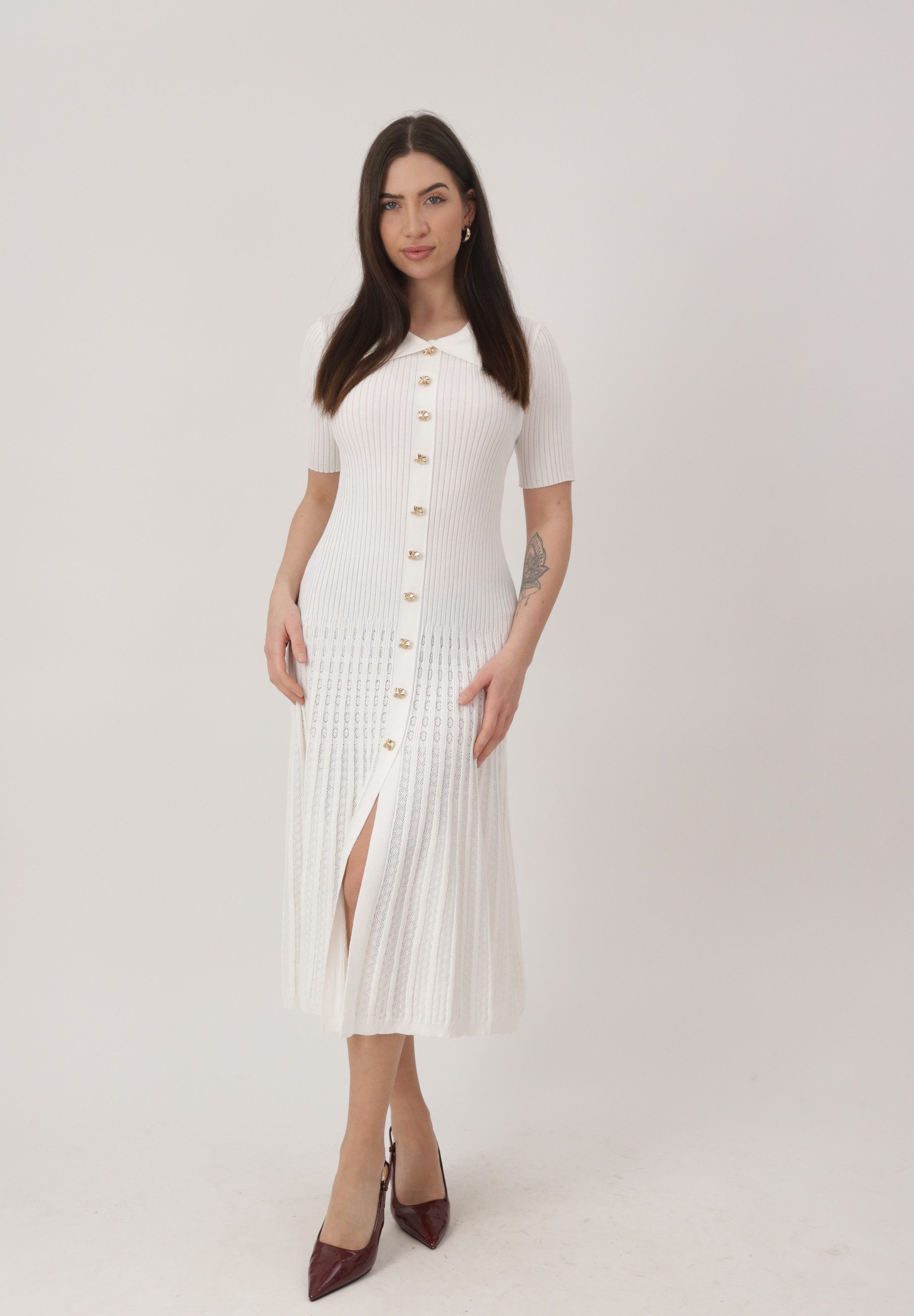 Elara Midikleid Midi Strickkleid Damen mit Polokragen & eleganter Knopfleiste
