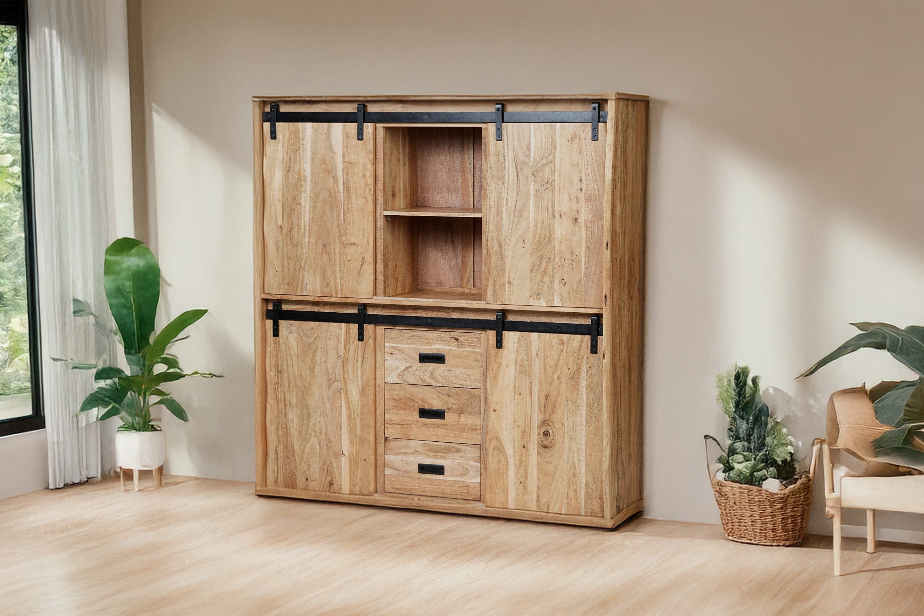 SAM® Highboard Fritz, Akazienholz, mit Baumkante oder gerader Kante, Industrial-Design