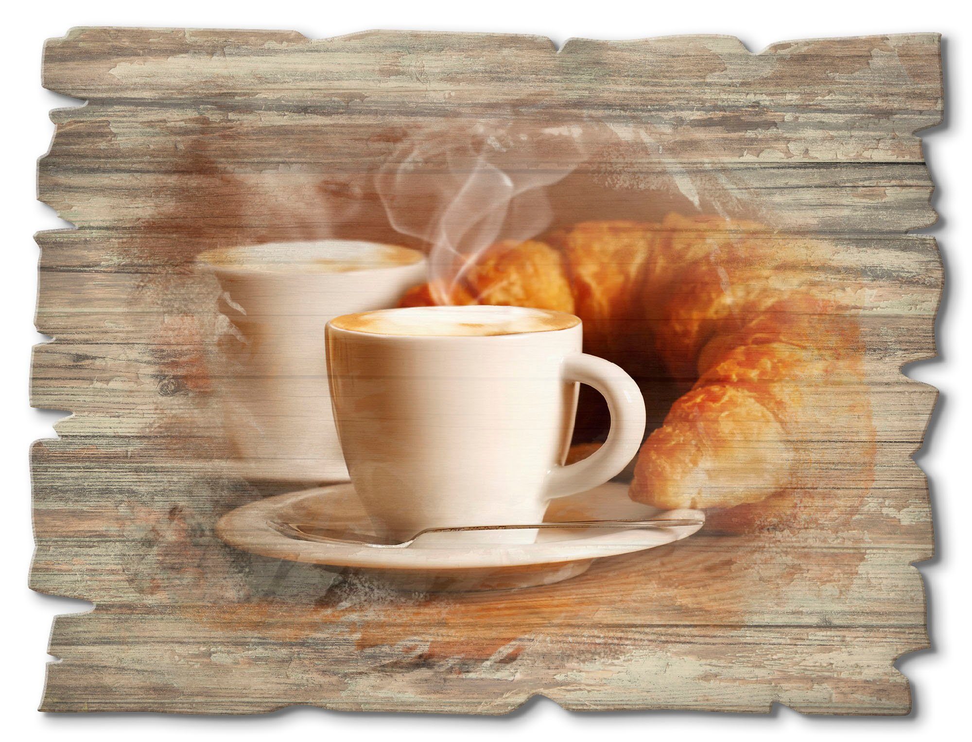 Holzbild Dampfender Cappuccino und Croissant