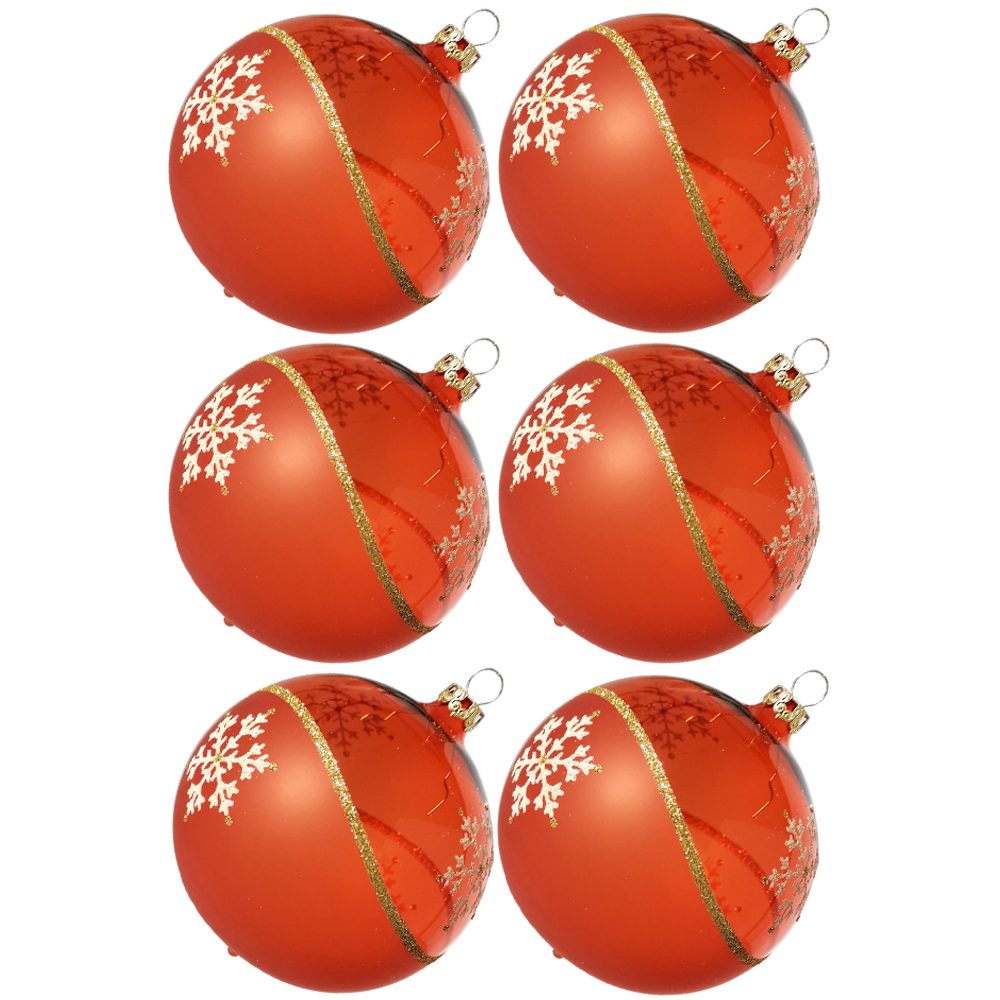 mundgeblasen, Weihnachtsbaumkugel Kristallwelle, (6 handdekoriert Weihnachtskugel-Set Thüringer St), Glasdesign orange