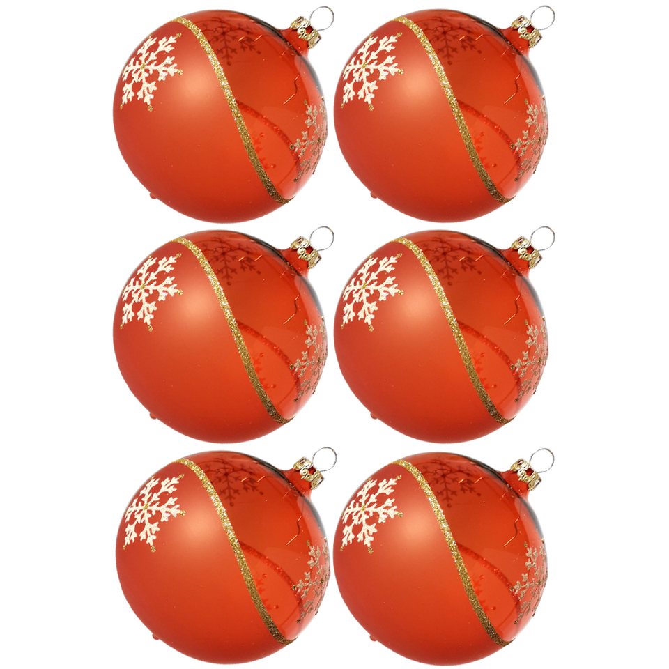 Thüringer Glasdesign Weihnachtsbaumkugel Weihnachtskugel-Set Kristallwelle,  orange (6 St), mundgeblasen, handdekoriert