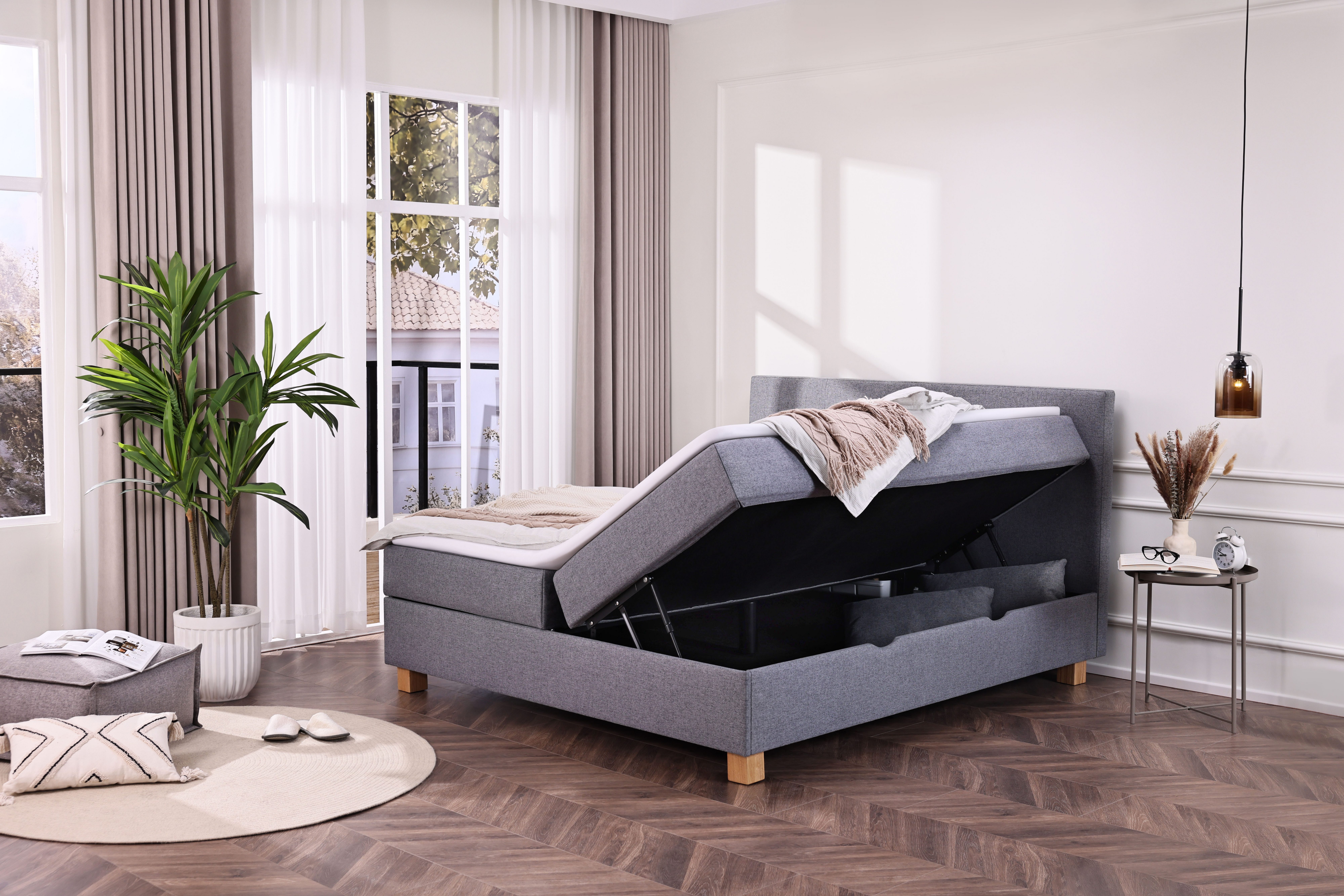 Home affaire Boxbett Oyré inkl. Bettkasten, Topper und 2 gratis Kissen, 180x200 cm, mit Holzfüße in eichefarben