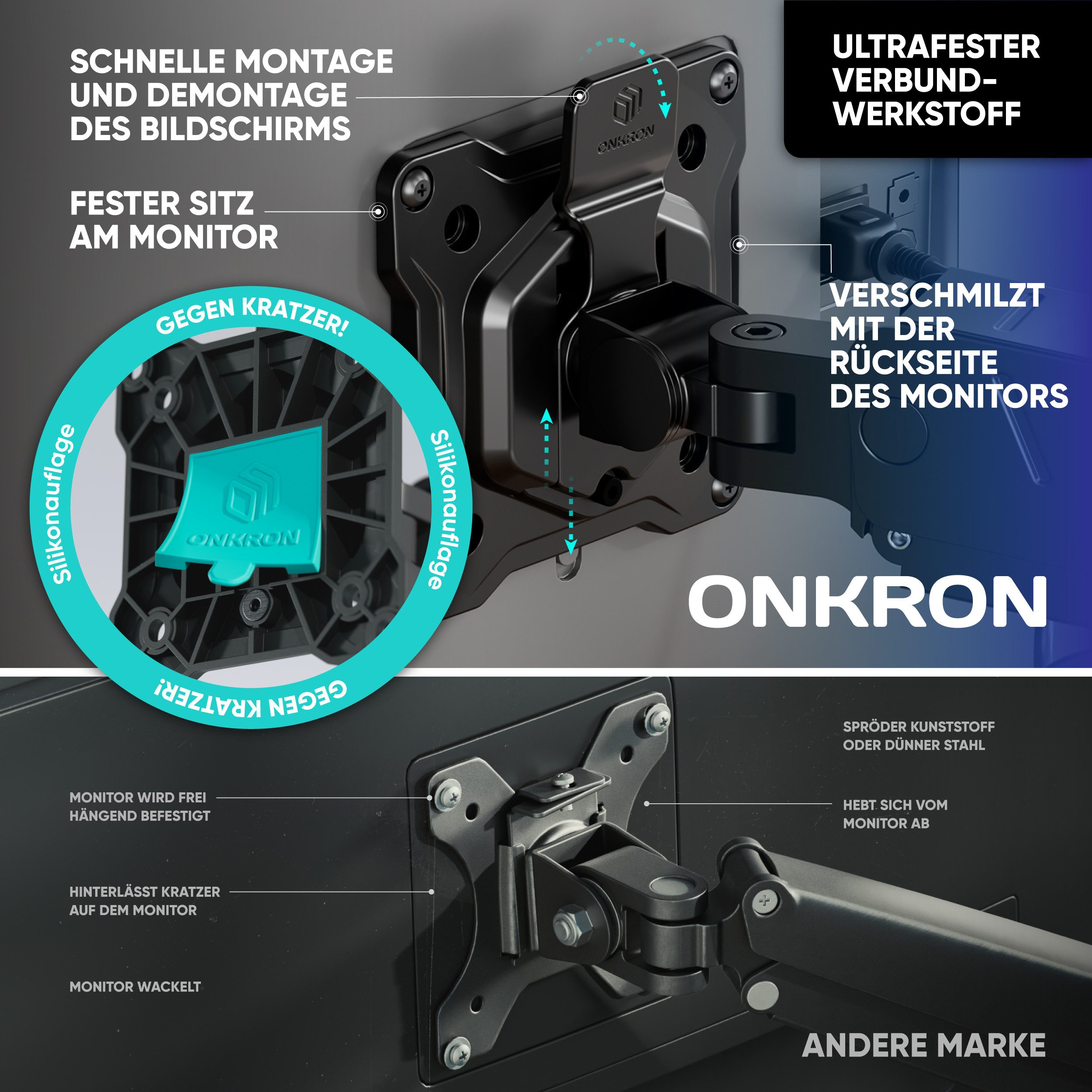 ONKRON Monitor-Halterung 17-45 Zoll, bis 15 kg pro Arm, VESA 75x75-100x100, G140-B, (bis 32 Zoll, neigbar, schwenkbar, drehbar, höhenverstellbar, Schnellverschl – Bild 4 von 5