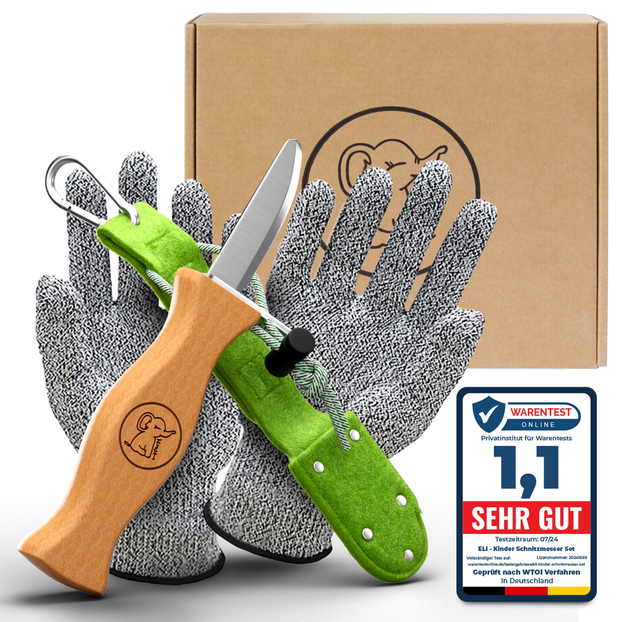 Eli Taschenmesser Schnitzmesser Kinder - Kindermesser mit Filztasche Kindertaschenmesser, (Schnitzwerkzeug - Outdoor Messer, 3 St., Kinderschnitzmesser - Griffe aus Buchenholz), inkl. schnittfeste Handschuhe - Beidhändig - rostfreier Stahl