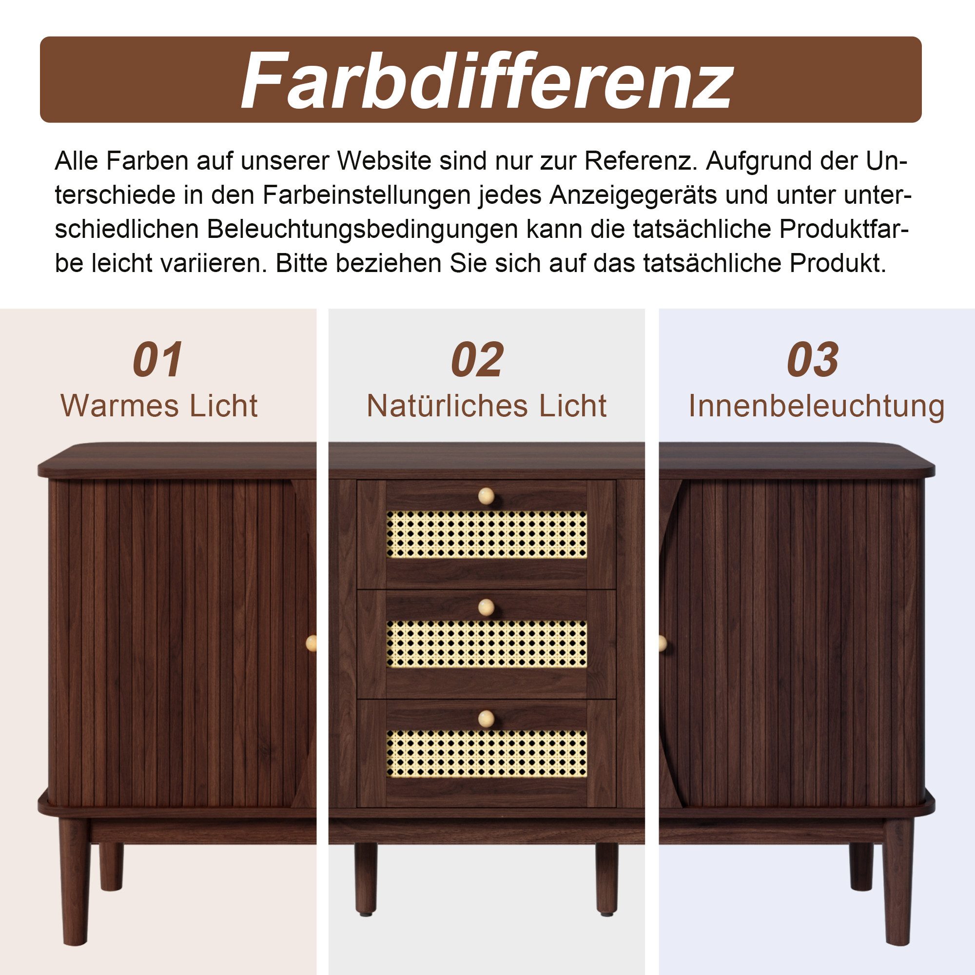 Merax Sideboard Skandi mit 2 Schiebetüren und 3 Schubladen (Rattanschrank Landhausstil, für Wohnzimmer & Flur), Rattan geflecht Kommode, Anrichte Schrank mit Ho – Bild 5 von 5