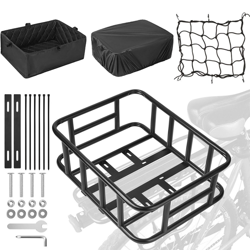 PRIISF Fahrradkorb Fahrradkorb Hinten Groß Gepäckträger Fahrrad Korb Einkaufskorb Metall (Hinterradkorb mit Wasserdichtem Liner & Gepäcknetz & Abdeckung, Gepäckträgerkorb 43x33,2x15cm Hinterradkorb Schulkorb Stahl Rostschutz), für passt an meisten Fahrradgepäckträger, E-Bikes, Fahrradgepäckträger