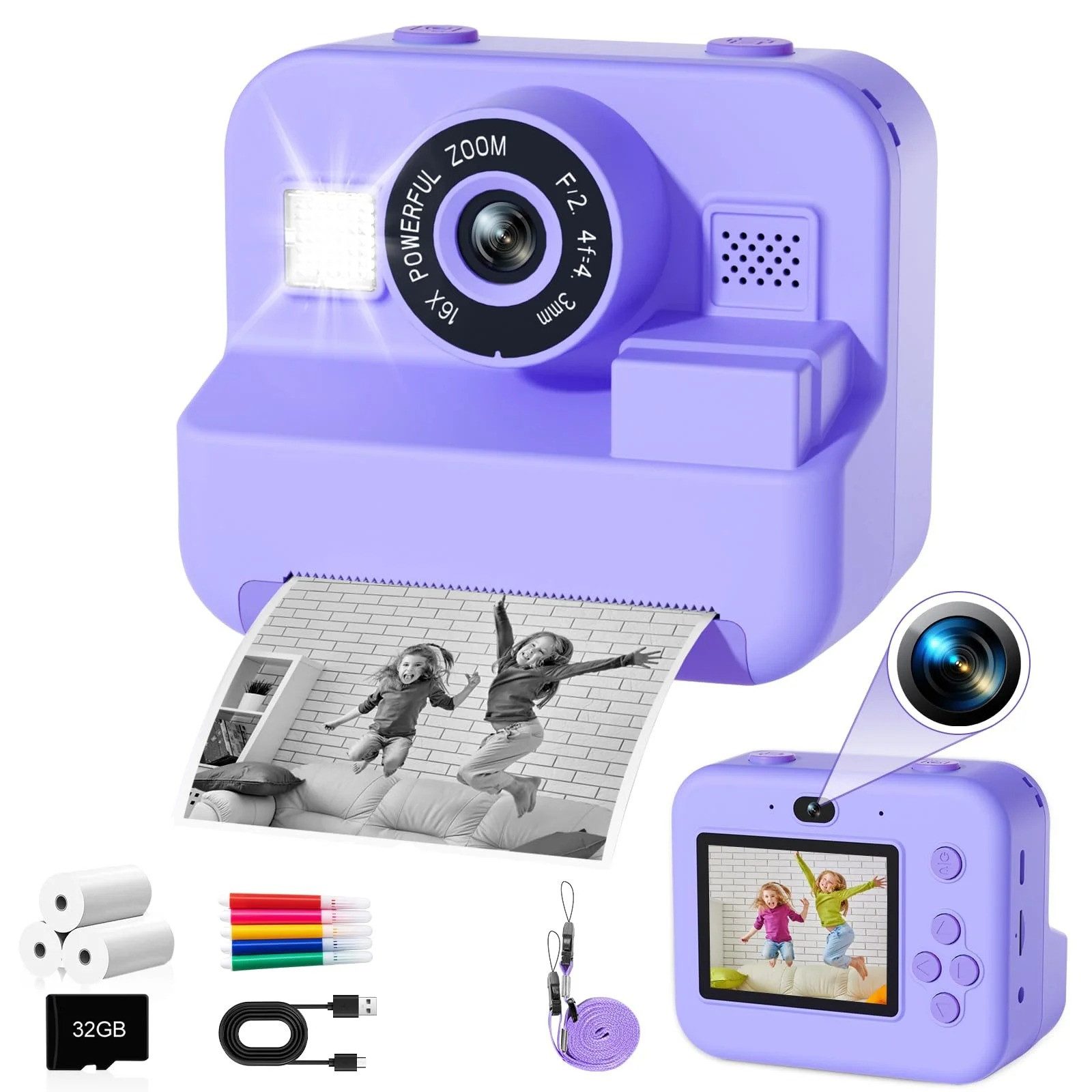 Coonoor 1080P HD Sofortbildkamera für Kinder, Digitalkamera für Kinder, Sofortbildkamera (inkl. Enthält Druckpapier, 32G TF-Karte, bunte Stifte, niedliche Aufkleber, Kinder-Sofortdruckkamera, geeignet für Kinder von 3-12 Jahren)