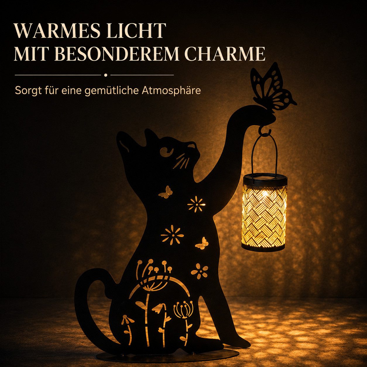 formano Gartenfigur Solar Katze mit Laterne Metallfigur 50 cm mit LED Solarlaterne IP44