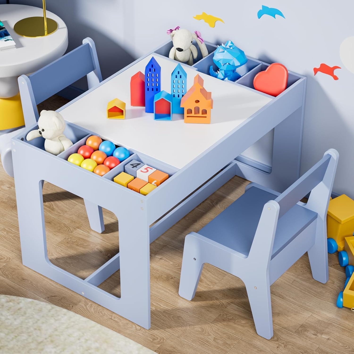 TLGREEN Kindertisch mit 2 Stühlen, Kindersitzgruppe, Blau