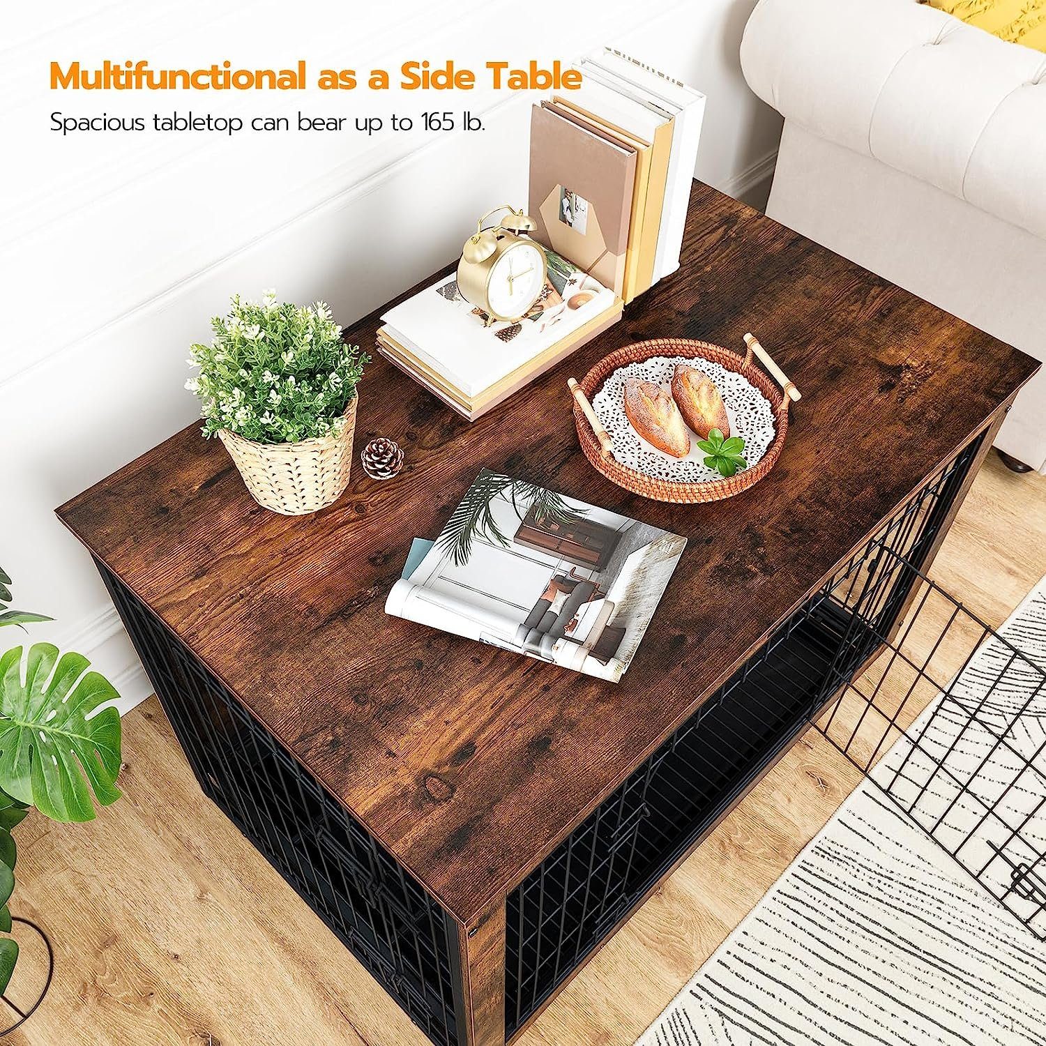 Hundebox Als Beistelltisch – Holz-Hundekäfig Mit Doppeltür & Plüschmatte Für Kleine & Mittelgroße Hunde (80,5 X 59 X 71,5 Cm)