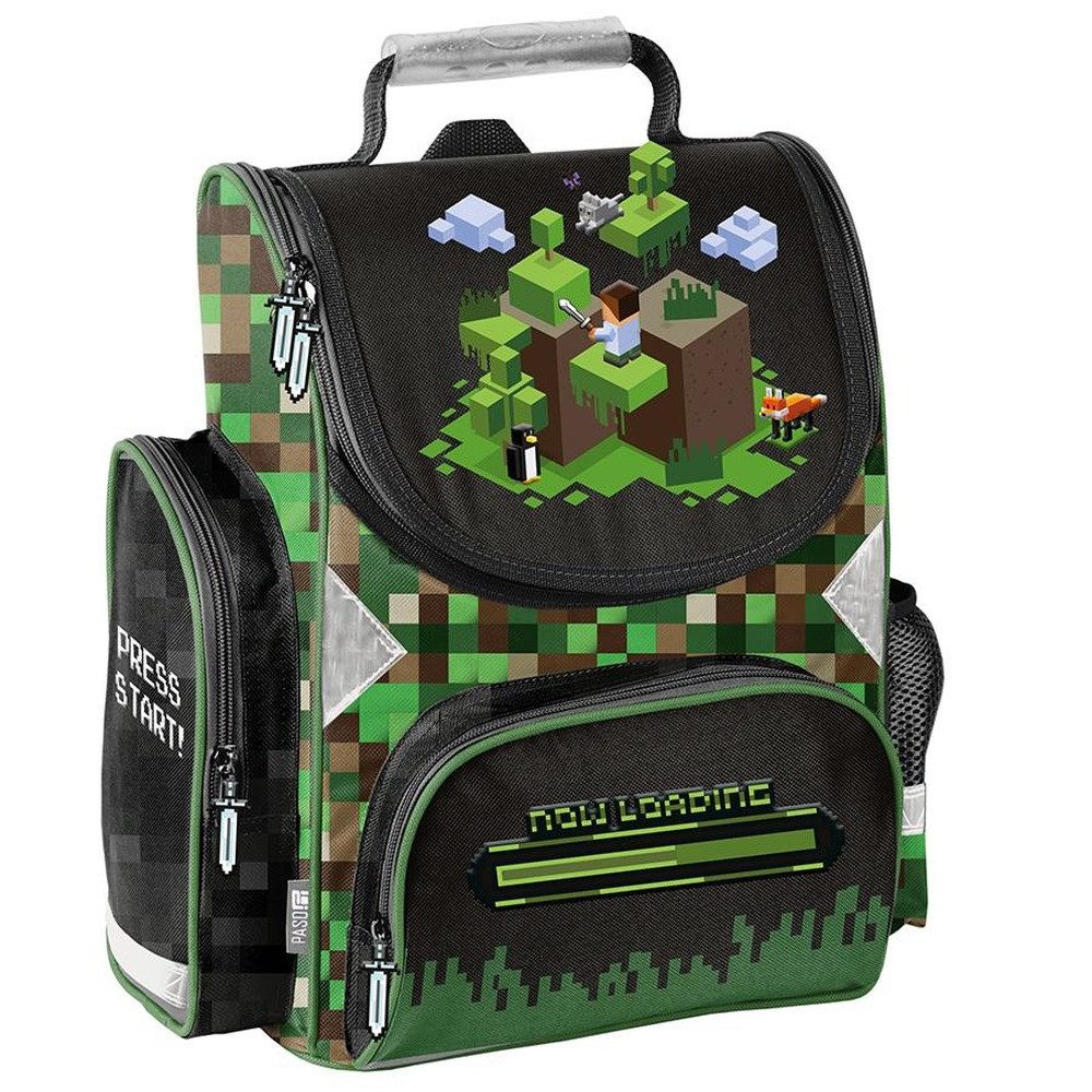 PASO Schulrucksack (Schulset, 5-tlg), Pixels Mega Set 5-teilig – Schwarz, Grün