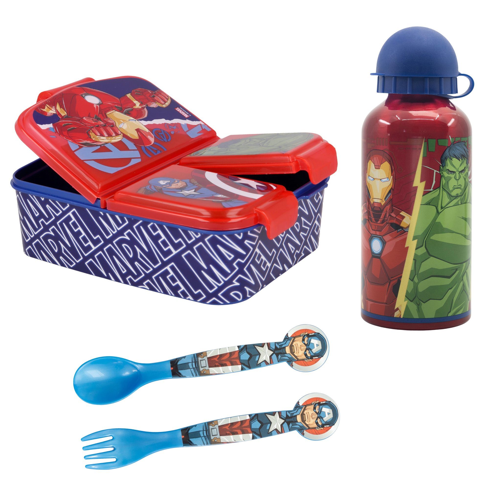 MARVEL Lunchbox Marvel Avengers Kinder Set 4tlg, (4-tlg), 3 Kammern Brotdose Alu-Trinkflasche Besteck