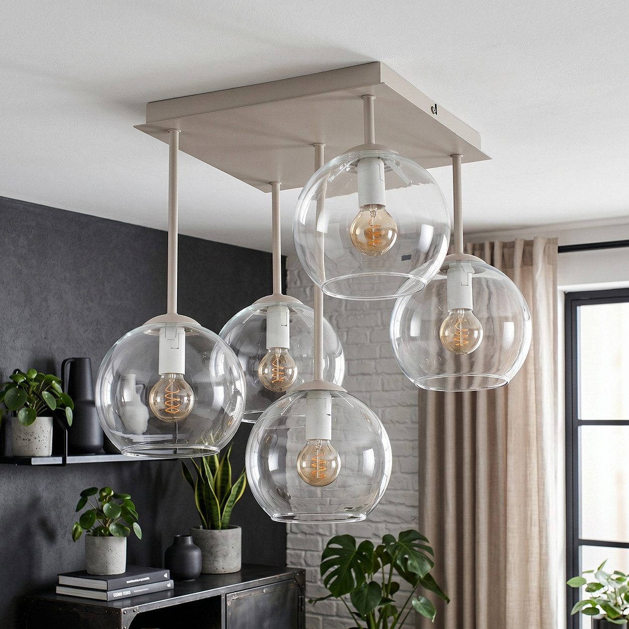 hofstein Deckenleuchte Deckenlampe aus Metall/Glas in Sandfarben/Weiß/Klar, moderne Deckenleuchte im Retro/Vintage/Boho-Design, 5 x E14