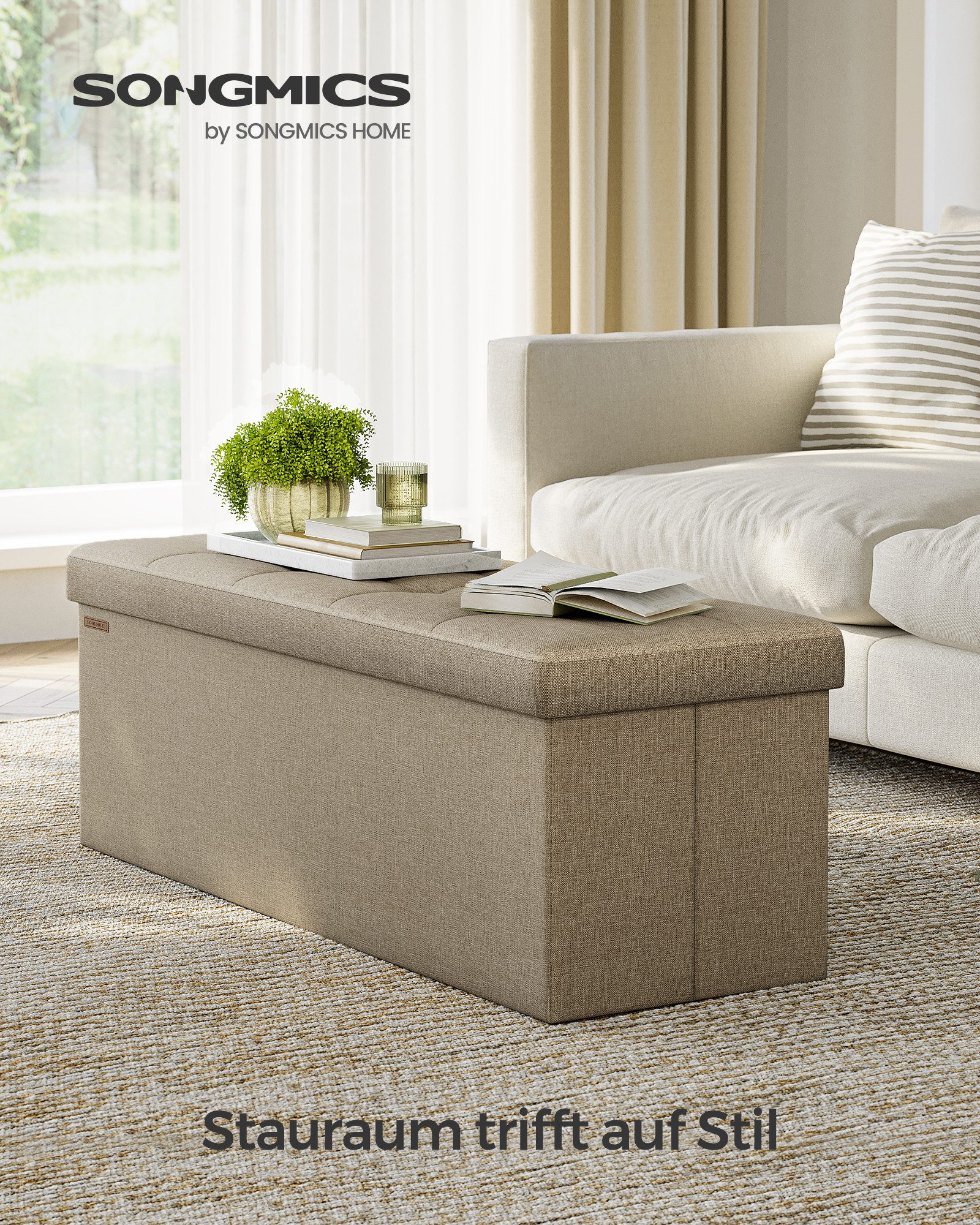 SONGMICS Sitzbank Sitzhocker mit Stauraum, klappbare, für Wohnzimmer Schlafzimmer Flur, 38 x 110 x 38 cm Fußbank, Aufbewahrungsbox, bis 300 kg belastbar