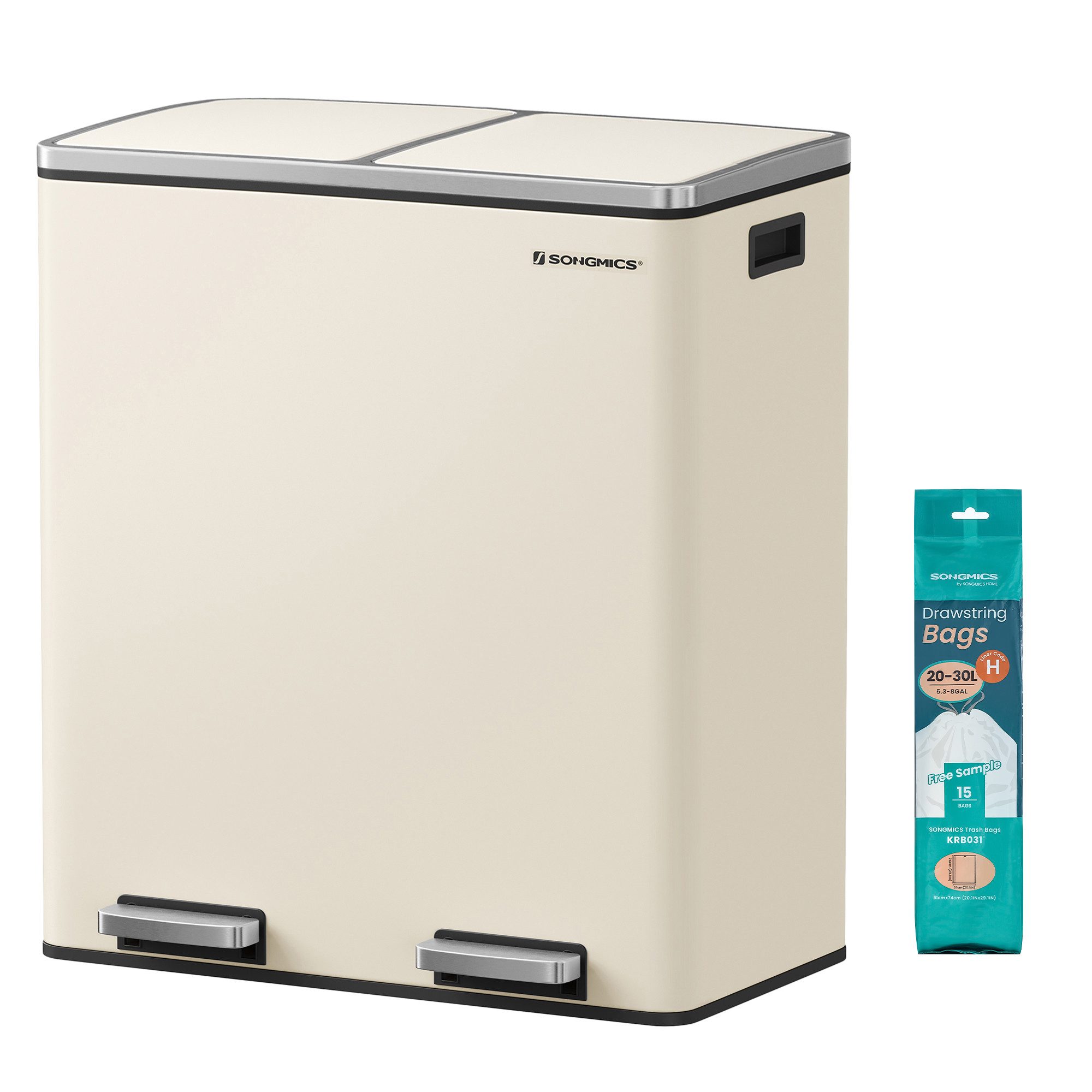 SONGMICS Mülleimer Mülltrennsystem 2x15L 2x30L, Abfalleimer, 30L 60L, ergonomisch, Stahl, Metall-Fußreling