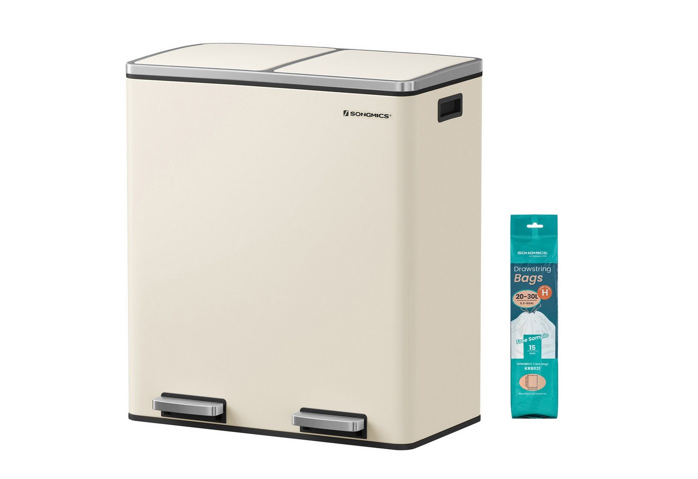 SONGMICS Mülleimer 60L, 2 Fächer, Mülltrennsystem, Treteimer, 15 Müllsäcke, 2x30L, Inneneimer aus Kunststoff, Klappdeckel, Softclose, luftdicht