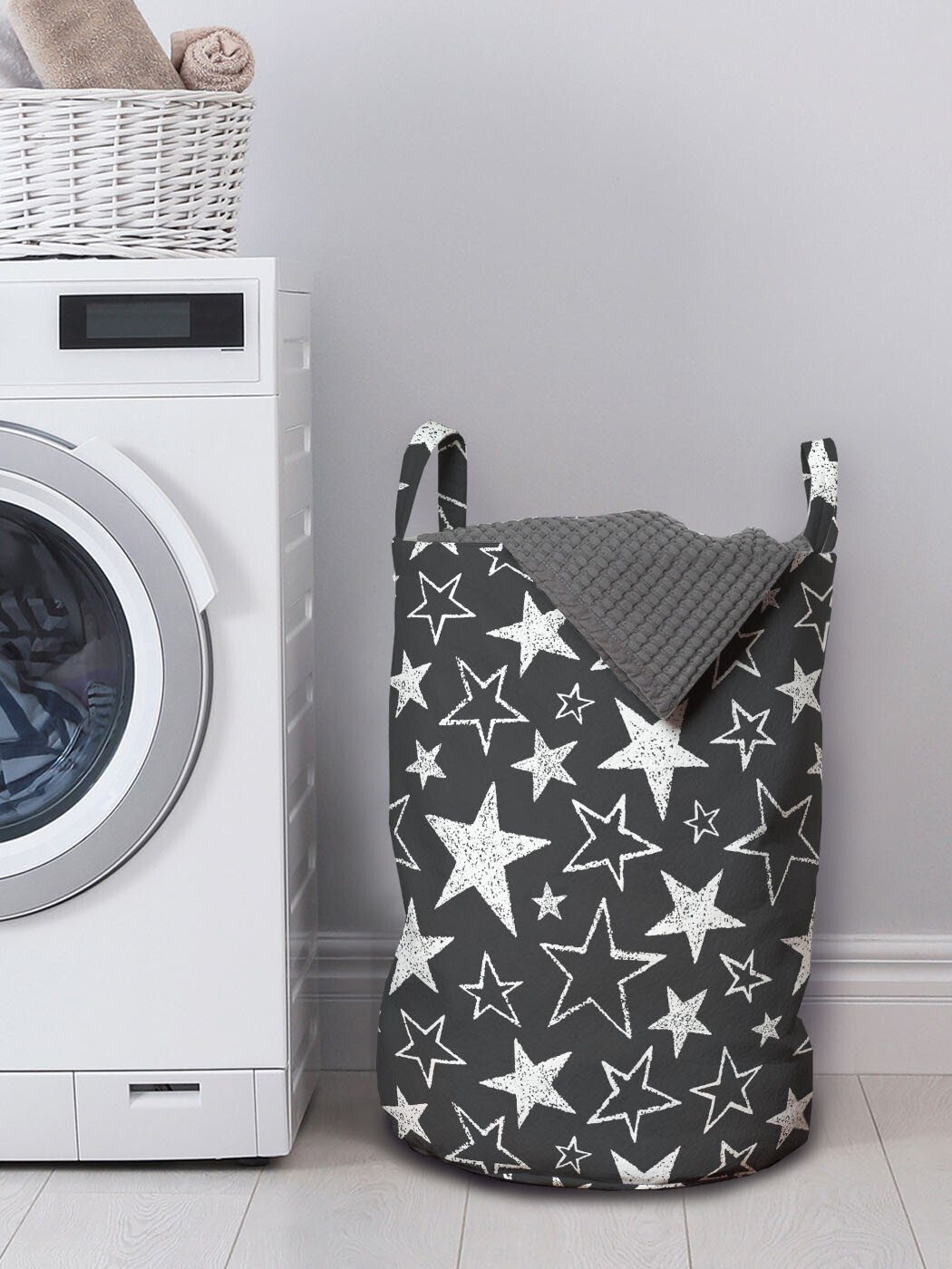 Waschsalons, Star Geometrische Graustufen- mit Wäschekorb Griffen für Abakuhaus Formen Kordelzugverschluss Wäschesäckchen