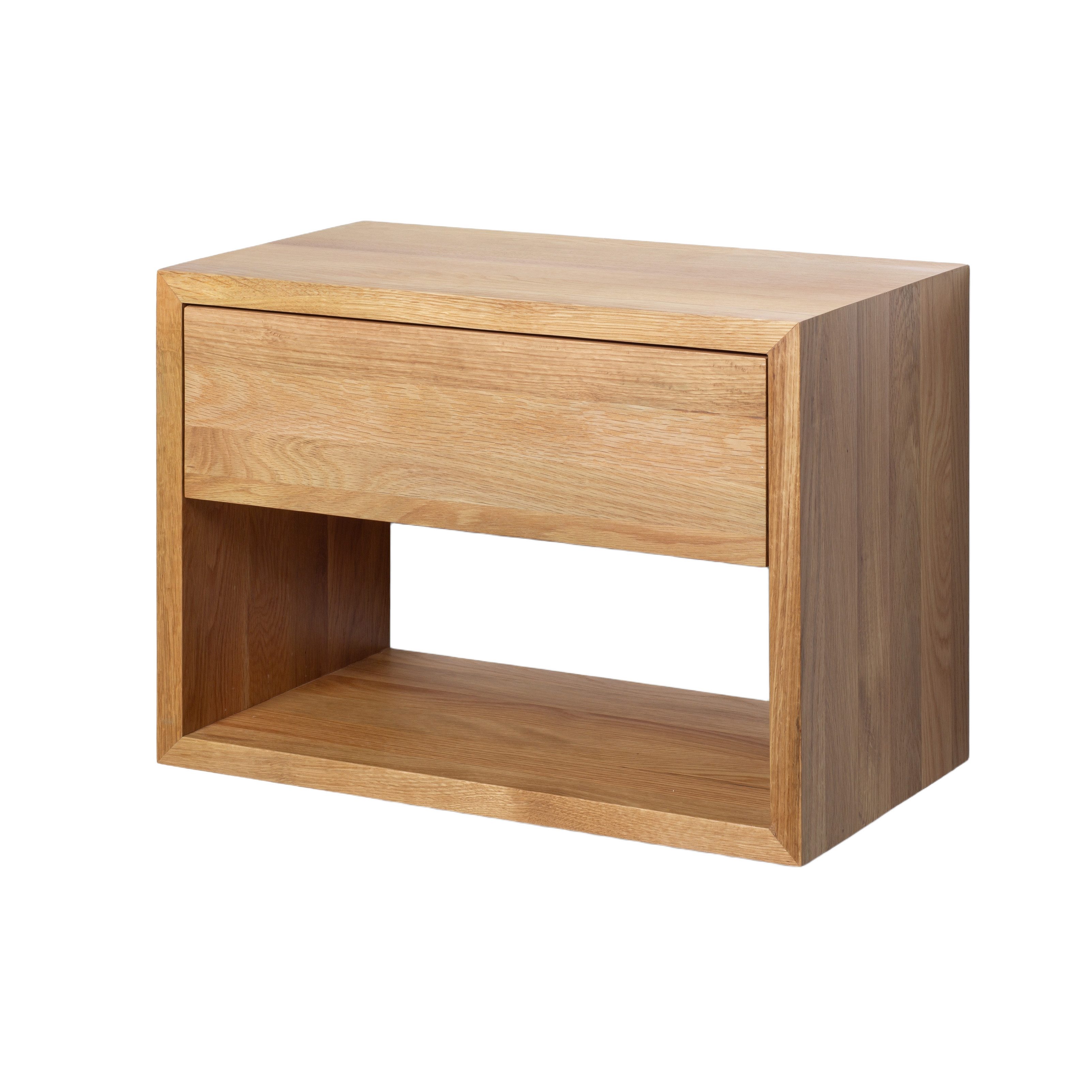 Woodek Design Nachttisch HUGO, breite und grifflose Nachtkommode in modernem Design (Beistelltisch aus matt lackiertem Eichenholz, 1-St., minimalistischer Nachtschrank), schwebendes Wandregal mit Schublade