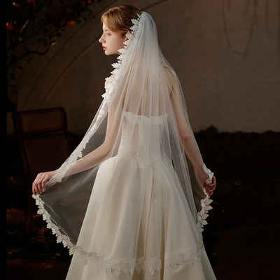 AUKUU Kopftuch Spitzen Spitzen Brautschleier einfacher weißer einlagiger, mittellanger Hochzeitskopfschmuck