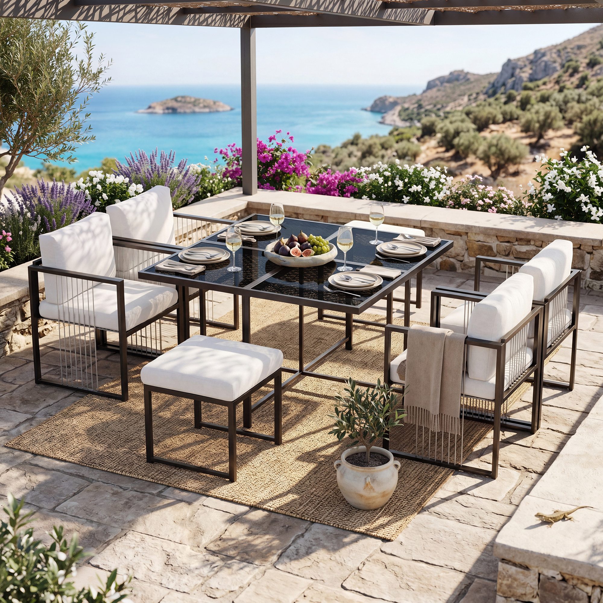 Flieks Garten-Essgruppe, (7-tlg), 6-Sitzer Gartenmöbel Esstisch- und Stuhlset mit Stuhl aus Seil