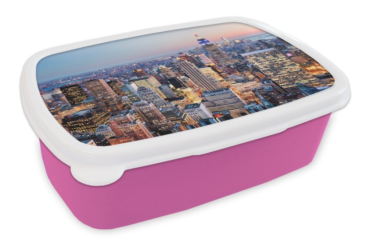 MuchoWow Lunchbox New York - Skyline - Nacht, Kunststoff, (2-tlg), Brotbox für Erwachsene, Brotdose Kinder, Snackbox, Mädchen, Kunststoff rosa