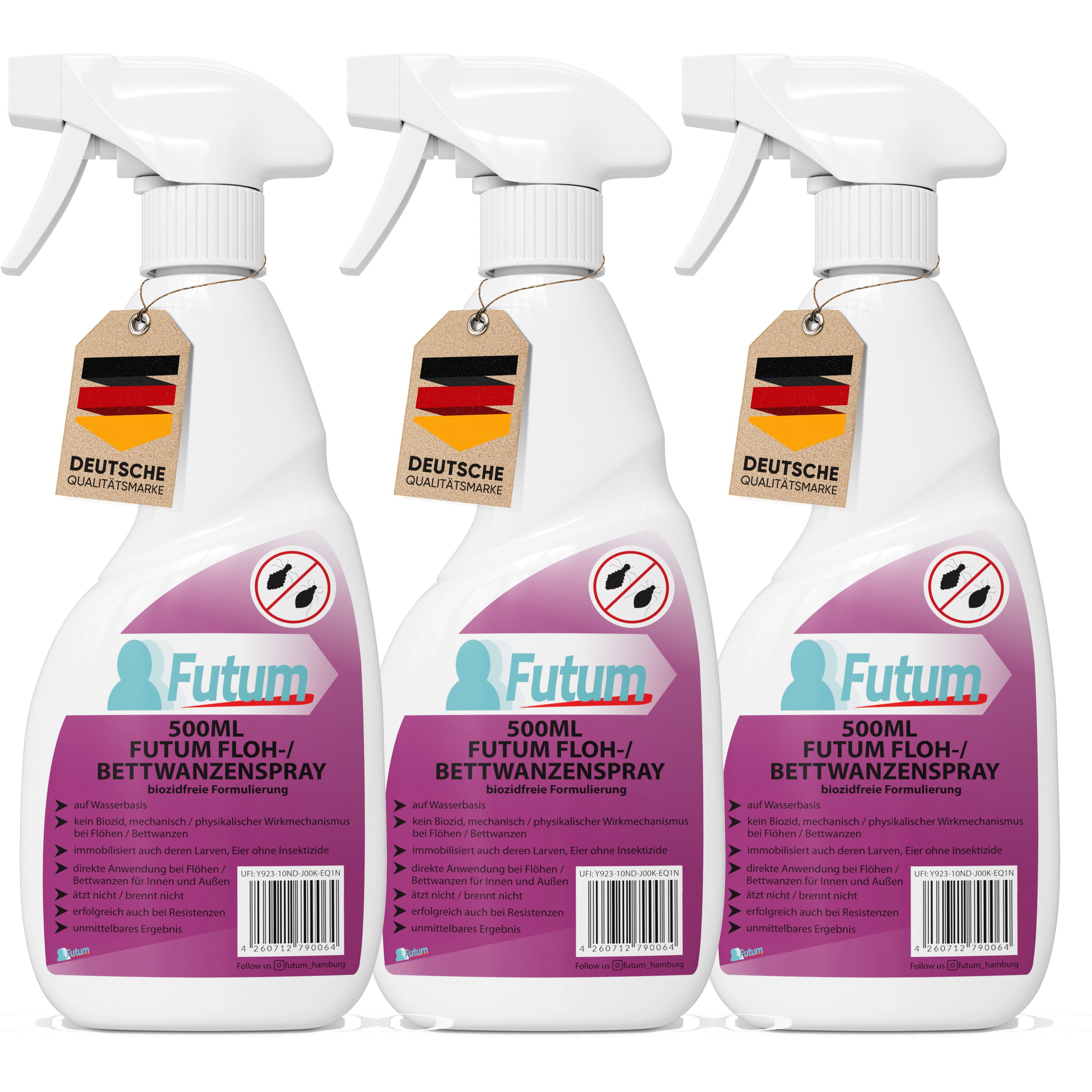 FUTUM Insektenspray Anti-Bettwanzen-Spray Floh-Mittel Ungeziefer-Spray, 3-St., biozidfreie Formulierung, auf Wasserbasis, brennt / ätzt nicht