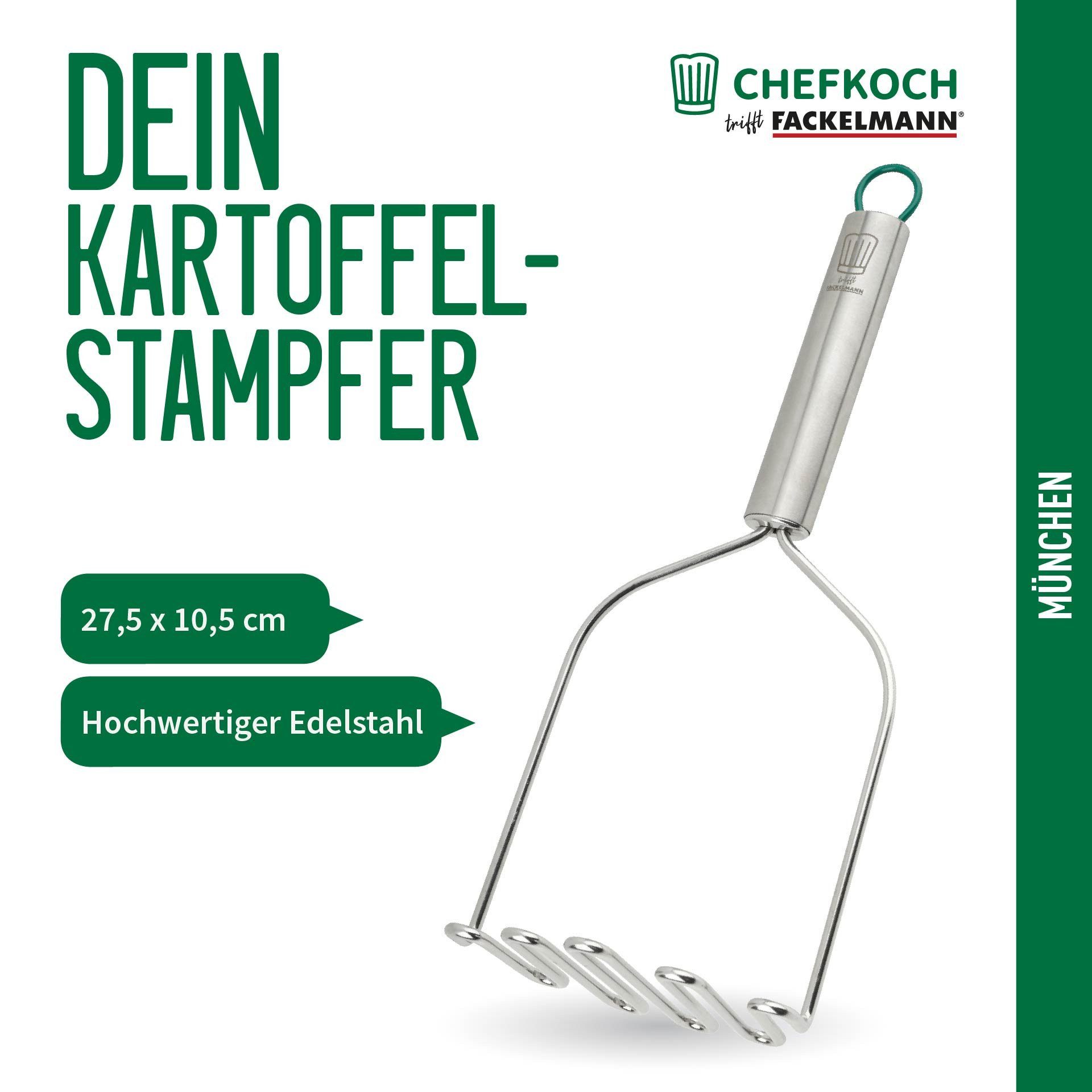 Chefkoch trifft Fackelmann Kartoffelstampfer Kartoffelstampfer in Edelstahl – 275x105mm –Spülmaschinengeeignet