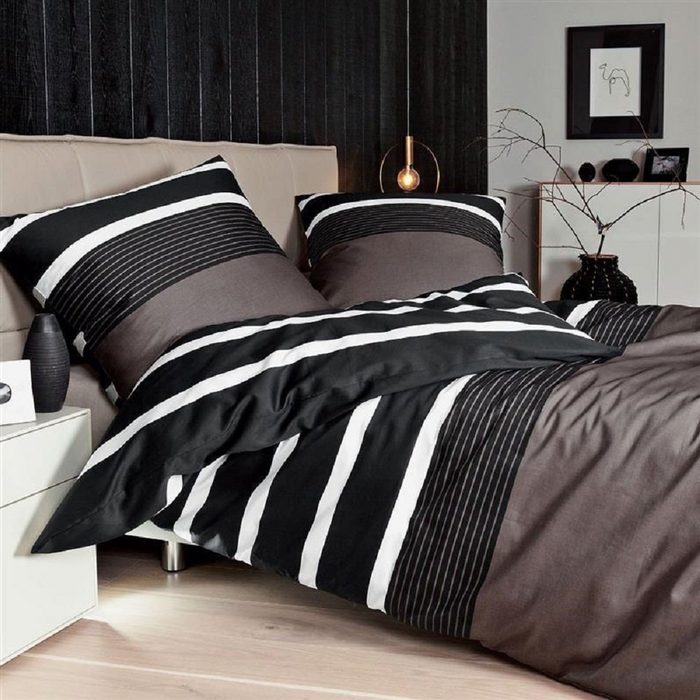 Bettwäsche Biber 135x200 cm 80x80 cm Nougat schwarz Streifen Janine Baumolle 4 teilig Bettbezug Kopfkissenbezug Set kuschelig weich hochwertig