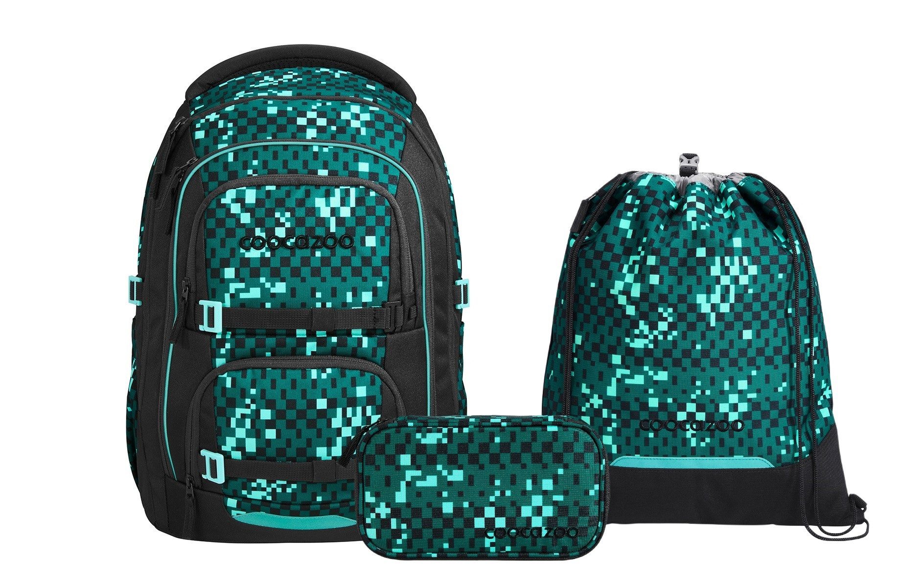 coocazoo Schulranzen Schulrucksack-Set PORTER, Pixel Blox 3-teilig (3-teilig), ergonomisch, Körpergröße: 135 - 180 cm, Easy-Grow-System