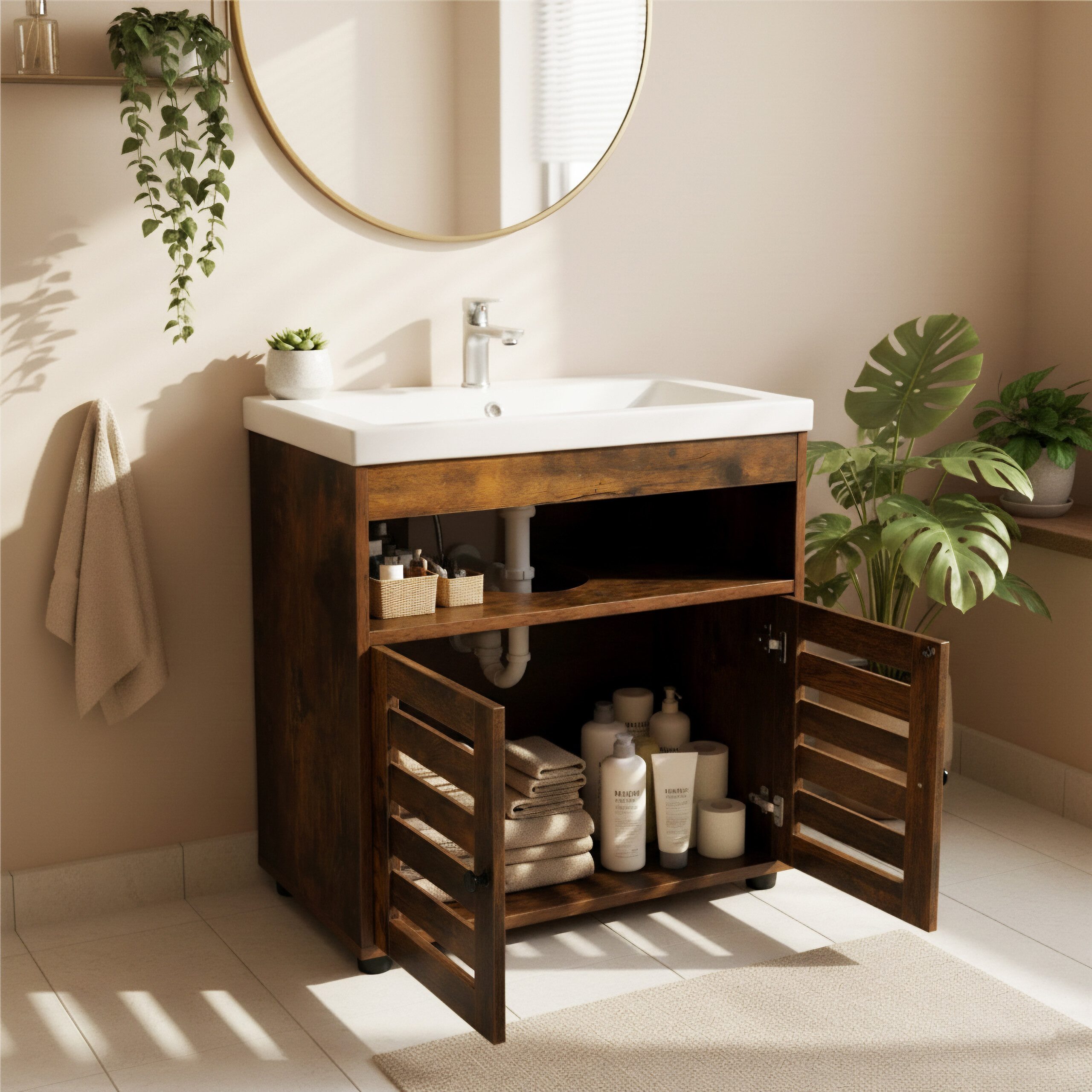 relaxdays Waschbeckenunterschrank Lamellentüre Vintagebraun