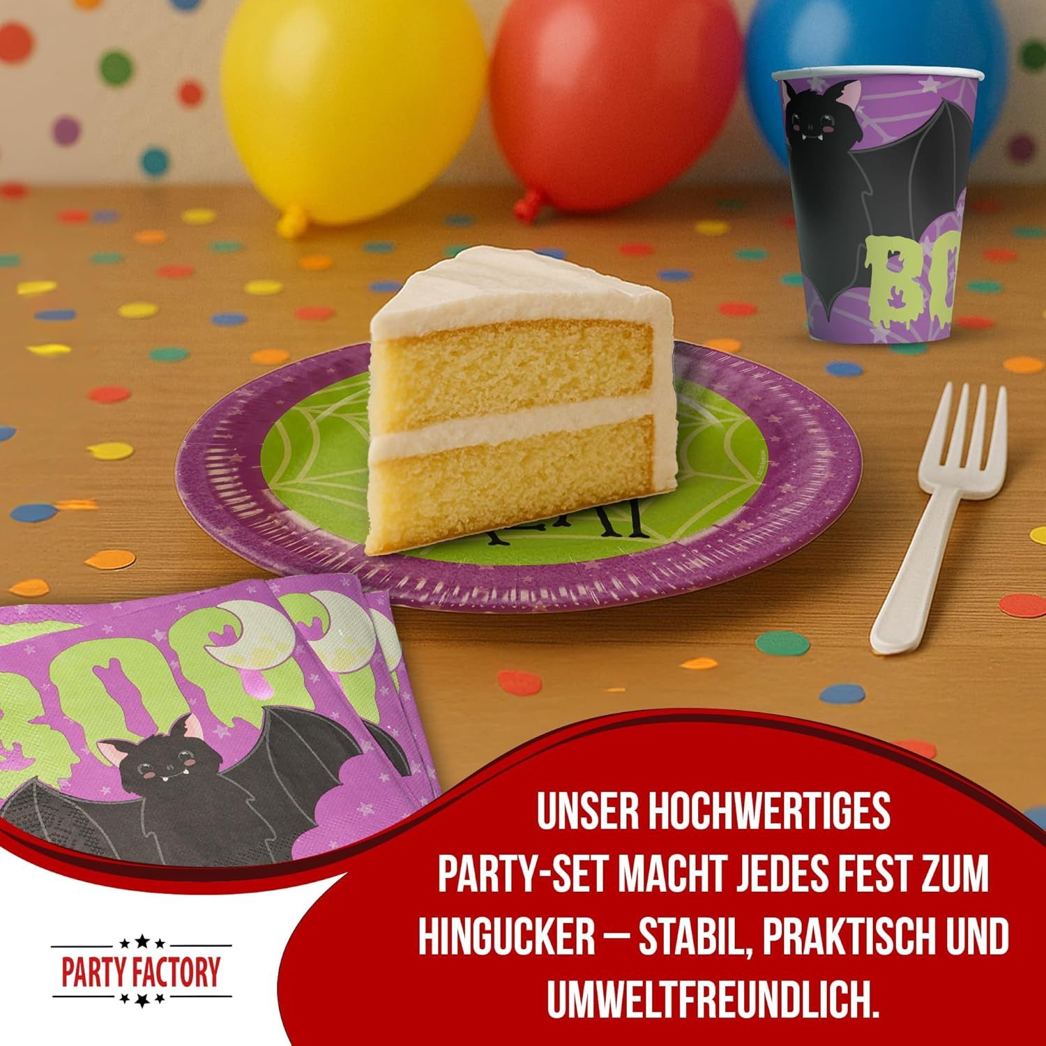 Party Factory Geschirr-Set Halloween Skelett 36-tlg Party-Set mit Becher, Teller und Servietten, 8 Personen, schaurig, spaßig und unkompliziert