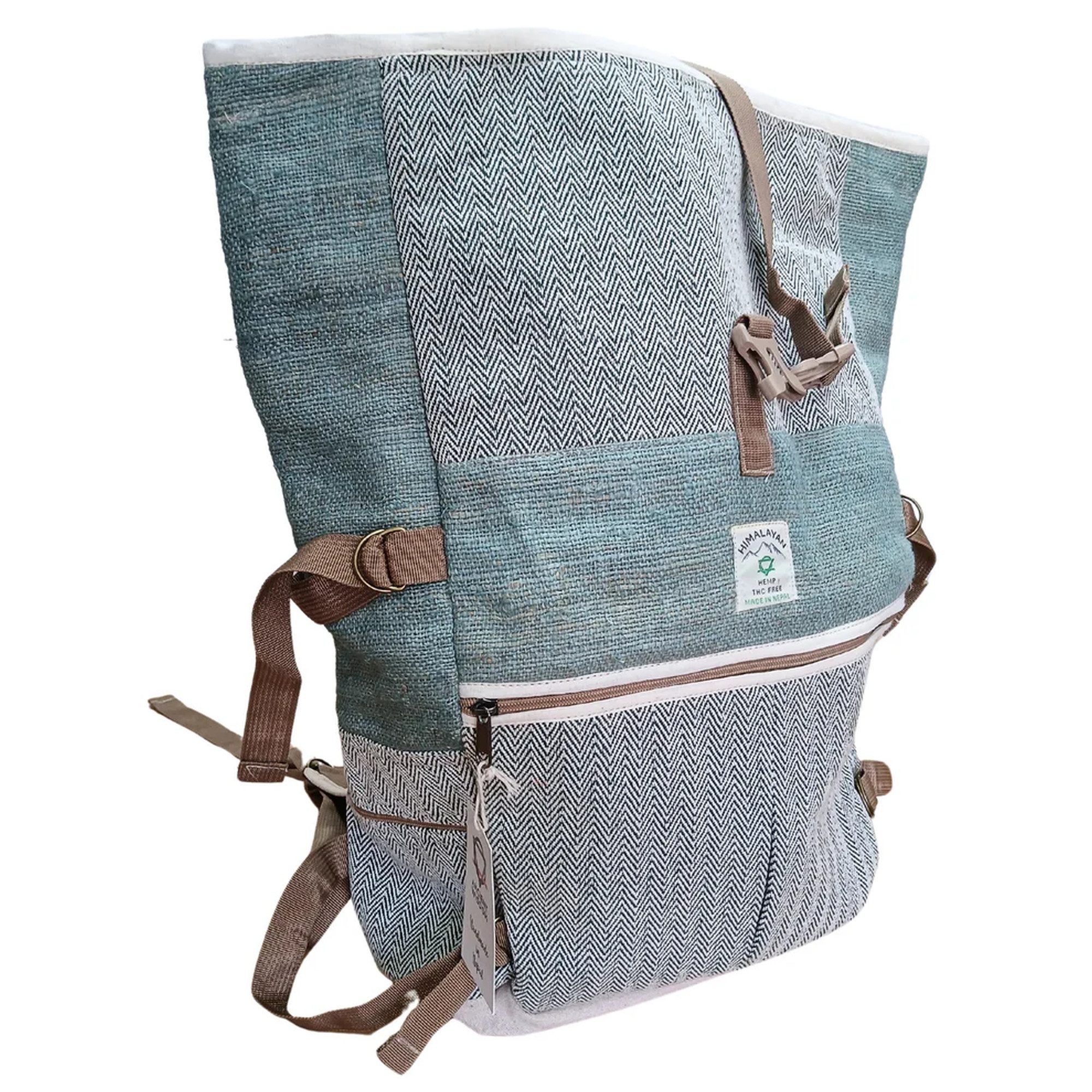 Ancient Wisdom Freizeitrucksack Rolltop Rucksack Grün Hanf Damen Herren – für Outdoor Reise City, Hanfmaterial, Handmade in Nepal, ergonomisches Design