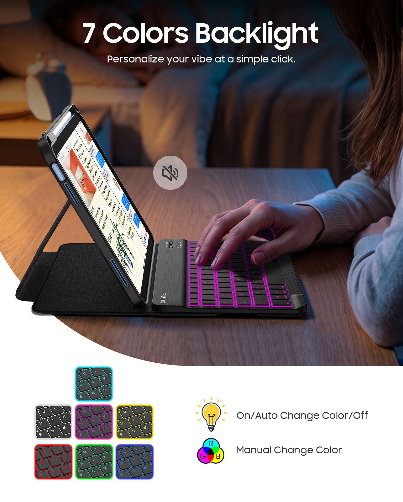 Fintie mit 360° drehbare Hülle für iPad A16 11/10. Generation 11/10,9 Zoll Tastatur (7-farbige Hintergrundbeleuchtung magnetisch Bluetooth-Tastatur) – Bild 5 von 5