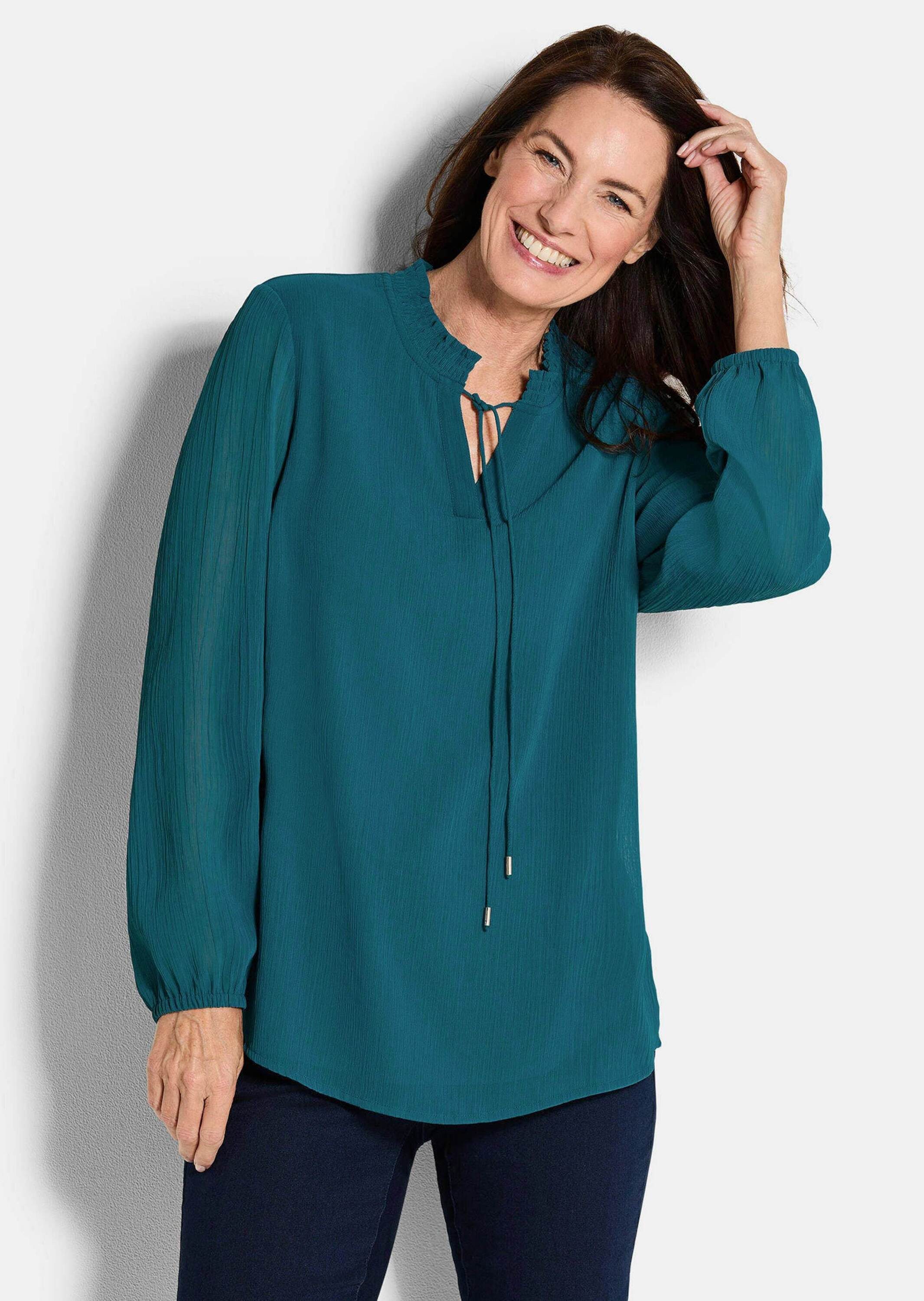 GOLDNER Chiffonbluse Elegante Jersey-Bluse mit Rundhals Viskosebluse mit Rundhalsausschnitt und Langarm