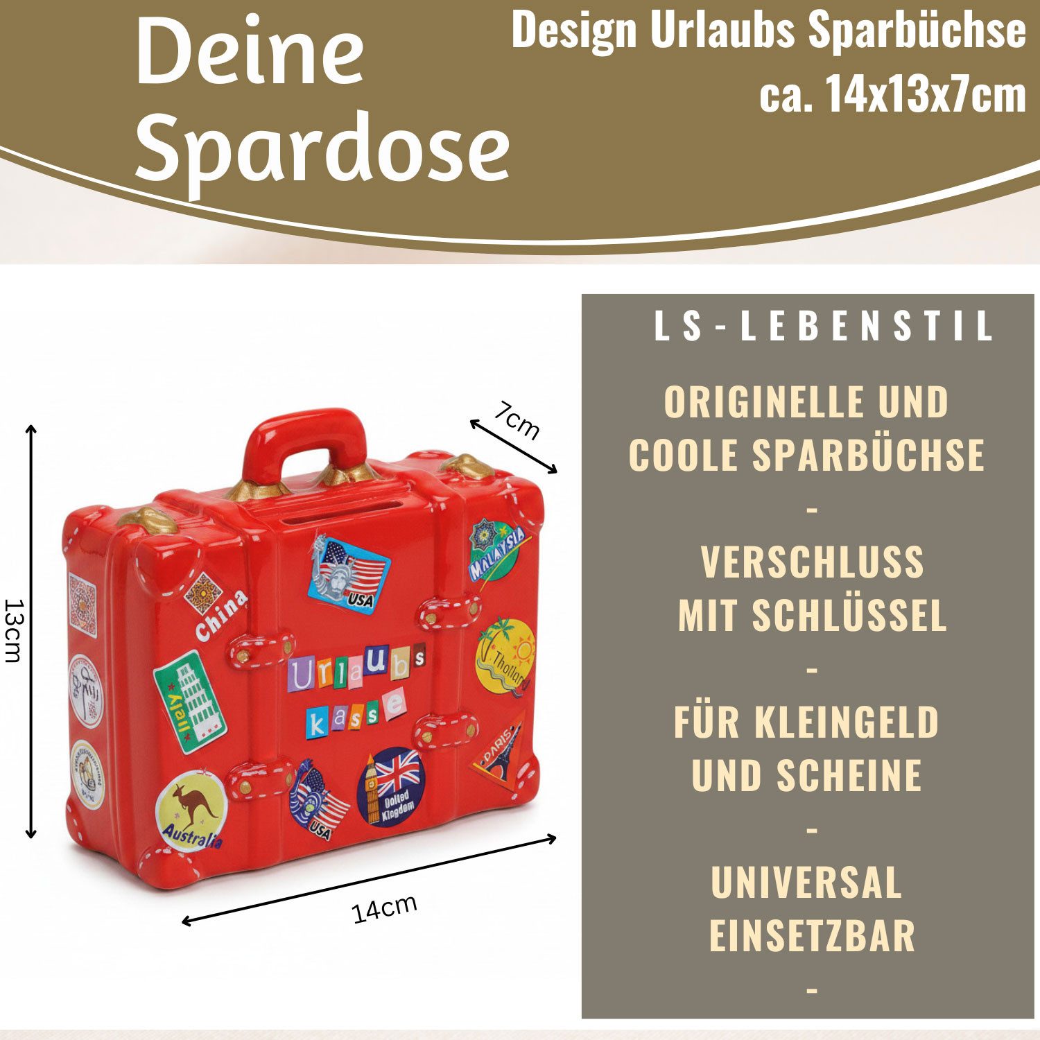 LS-LebenStil Spardose Keramik Sparschwein Reise-Koffer Spruch Urlaubskasse Rot Sparbüchse, (perfekt als Geschenk zum Geburtstag Hochzeit oder Verlobung, Taufe, 1-tlg., 100% von Handbemalt, mit Filzgleiter - keine Kratzer), Exklusives Design, Originelle lustige Sprüche