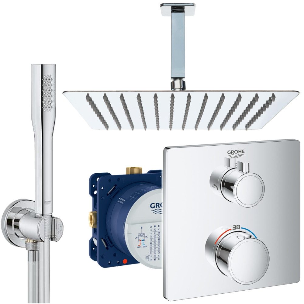 Grohe und Jowi Duscharmatur Duschsystem Unterputz Grohtherm Thermostat, Deckenanschluss (Unterputz-Duschsystem, inkl. Grohe Rapido SmartBox, Unterputz-Einbaukörper) Kopfbrause und Deckenansachluss aus Edelstahl