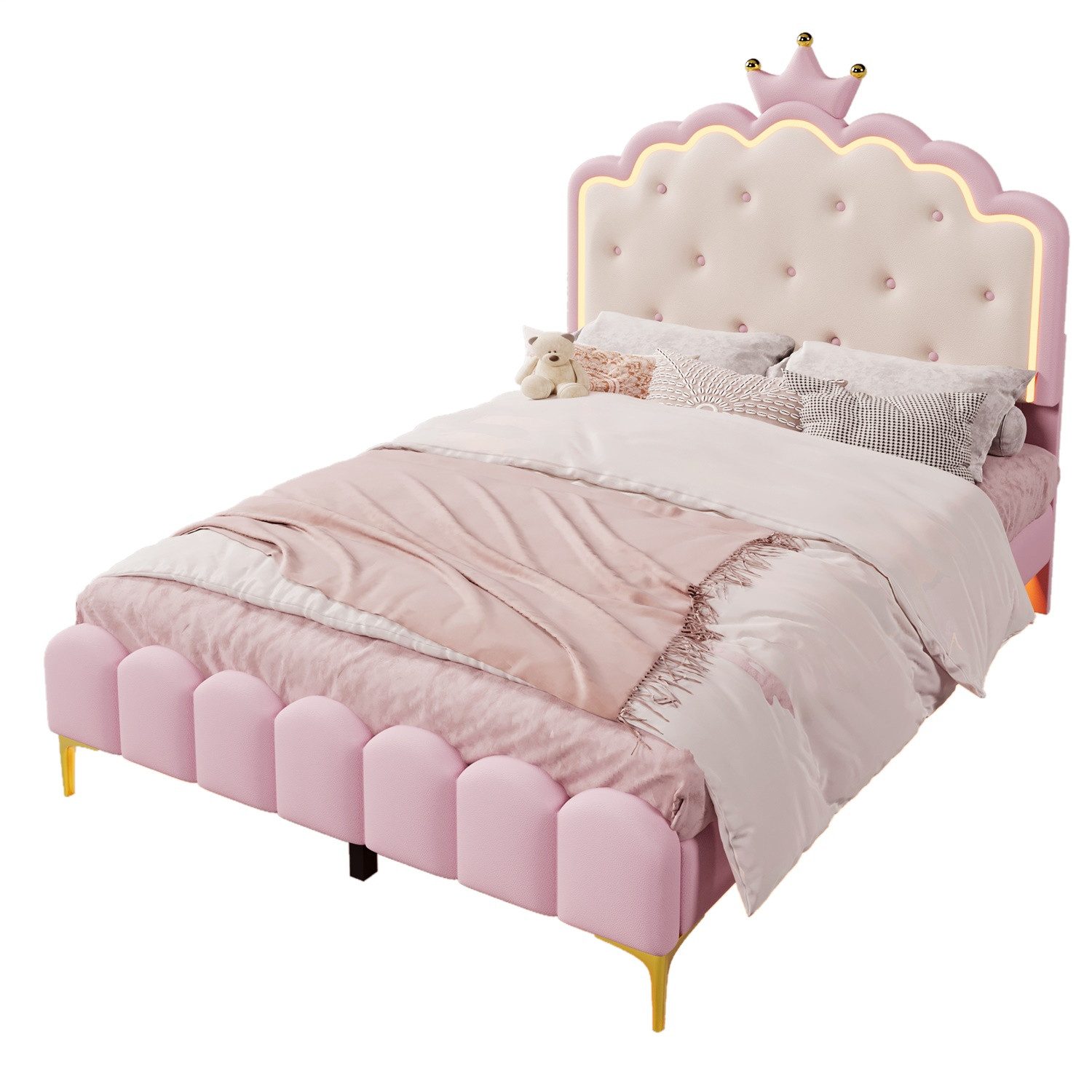 Rutaqian Bettgestell Polsterbett, Einzigartiges Kronenprinzessin-Design mit Ambiente-Licht (mit Lattenrost 140x200 cm(ohne Matratze)