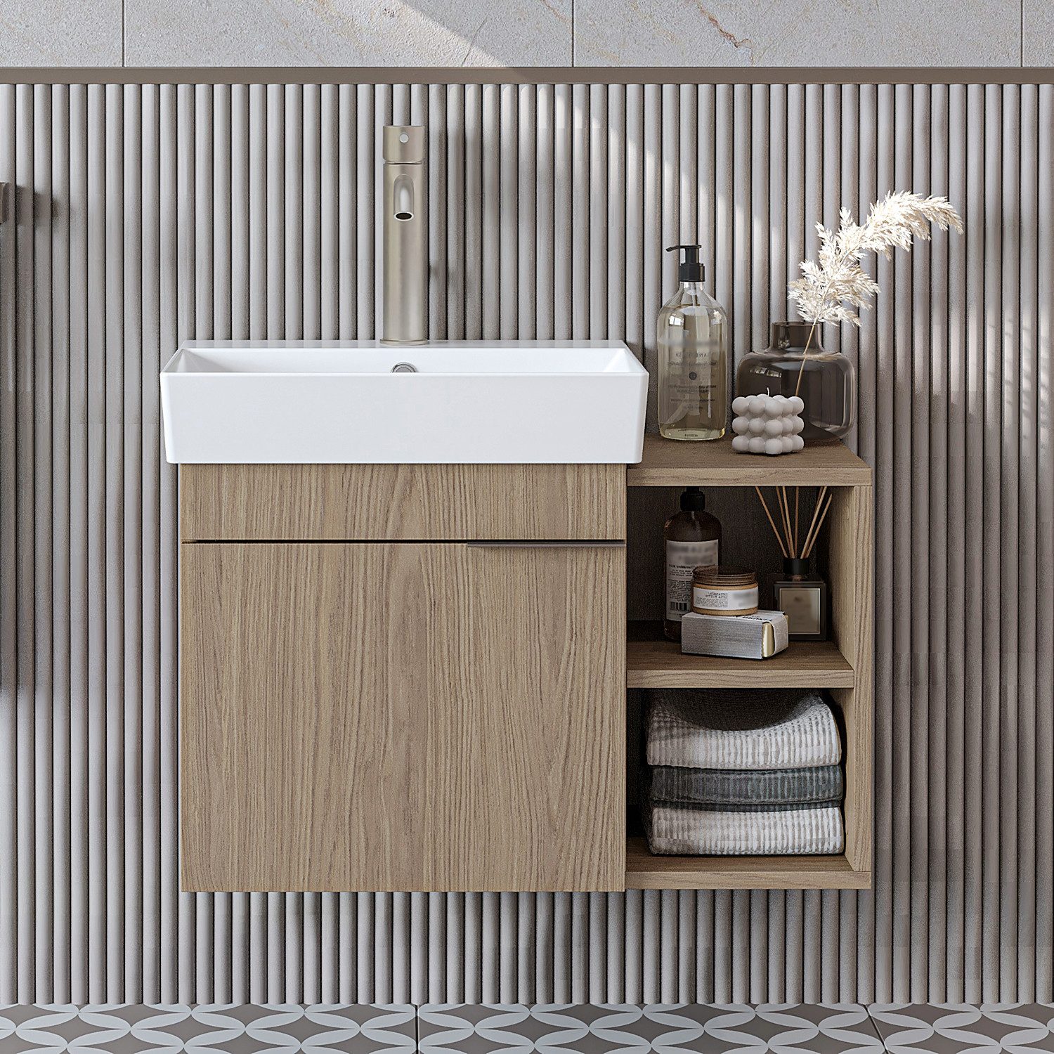 Roomart Badmöbel-Set LYCIA 72 cm 4-tlg., offenes Regal, Keramikbecken, 4 Farben, (Komplett-Set, Komplett-Set – Einzelteile auch separat erhältlich), Soft-Close-Türen, offene Regalsektionen, 32 cm tief, Keramikbecken