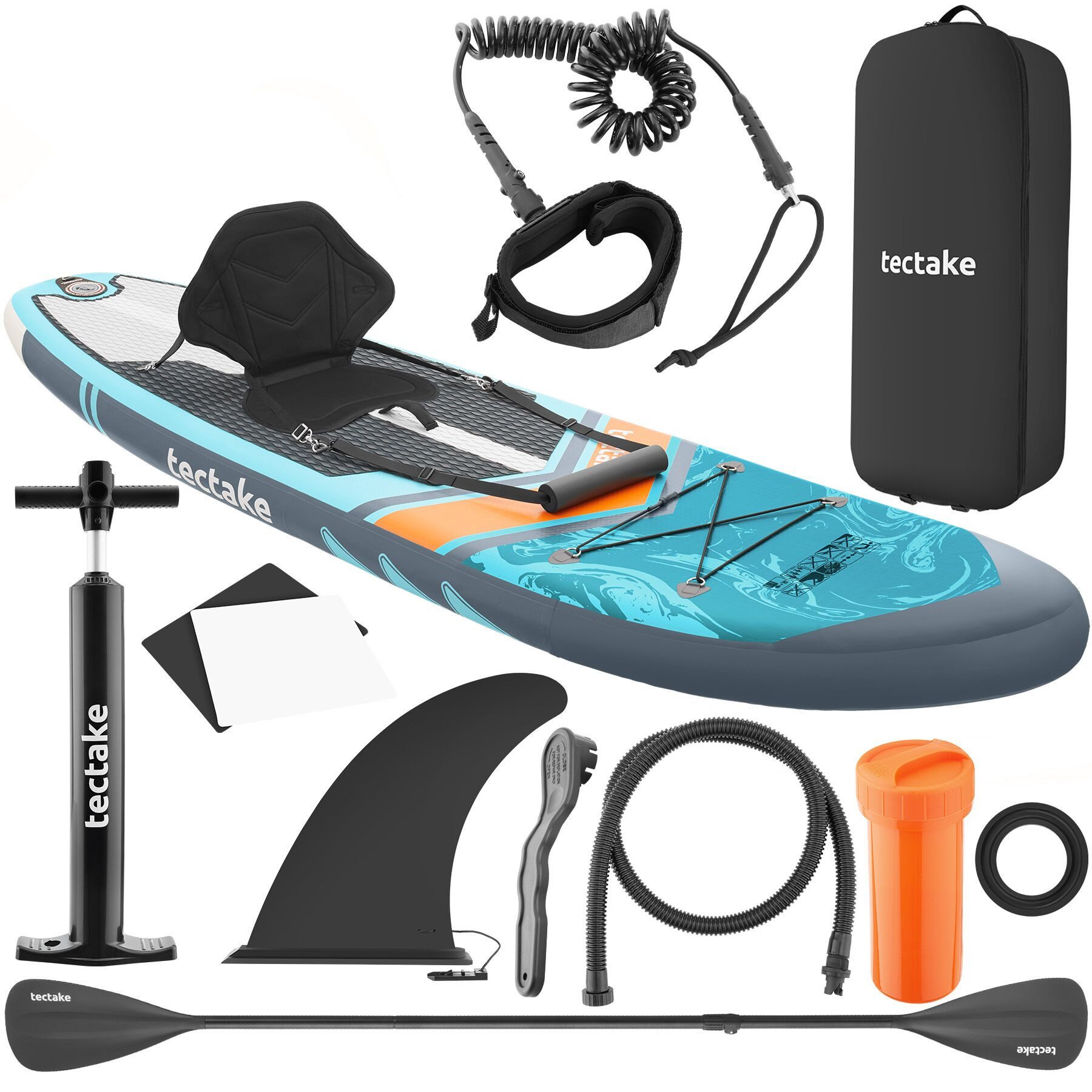 tectake SUP-Board Aufblasbares Paddle Board 288 cm, Drop-Stitch, Kajak-Sitz, Stand-up Paddle, (Sup Board Mit Sitz Palagios, in Türkis/orange), Inkl. verstellbares Doppelpaddel und rutschfestes EVA-Deck