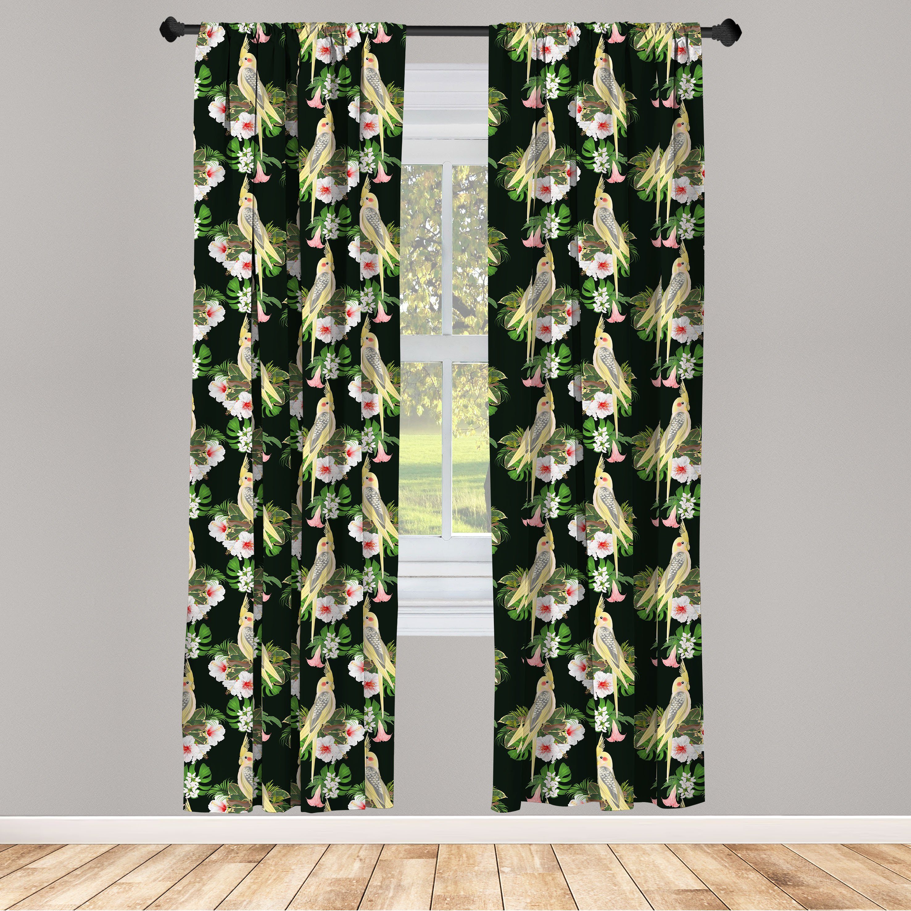 Gardine Vorhang für Wohnzimmer Schlafzimmer Dekor, Abakuhaus, Microfaser, Gelber Vogel Parrot und exotische Flora